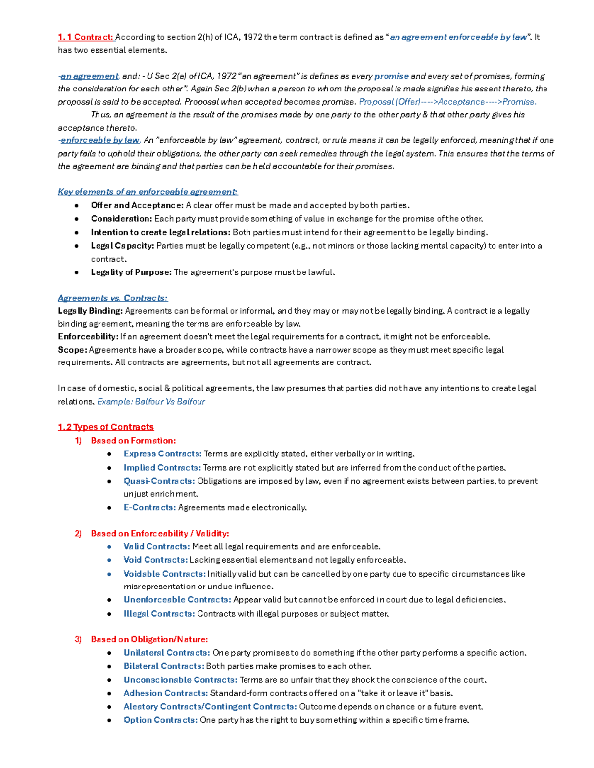 BNS 1.1 Contract Law Notes: Key Elements & Types of Contracts - Studocu