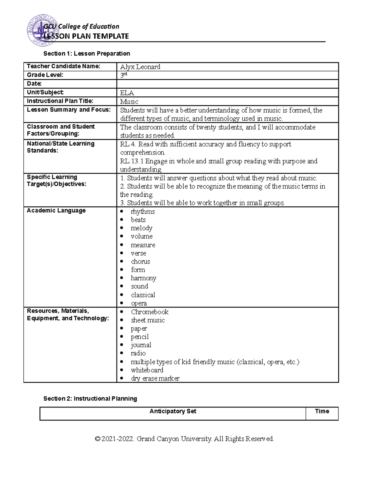 Leonard Alyx Music Integrated Lesson Plan - GCU College of Education ...
