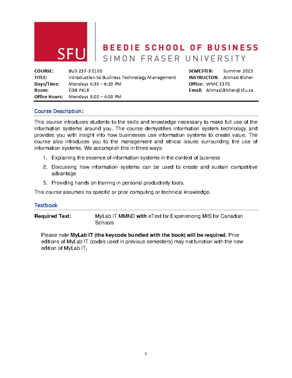 BUS 237 Course Outline: Business Technology Management Syllabus - Studocu