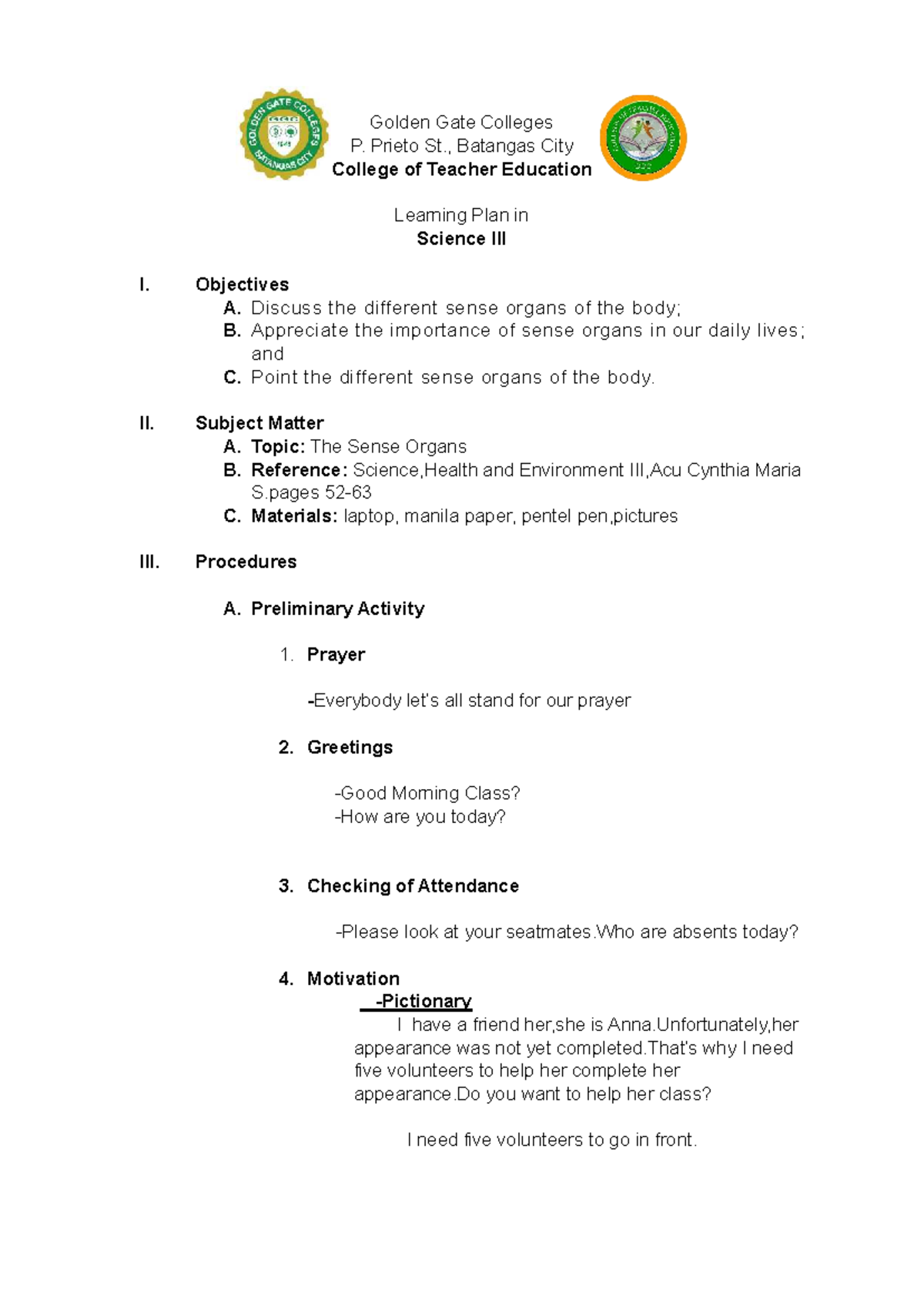 Lpinscience - Lesson Plan on Sense Organs for Science I - Studocu