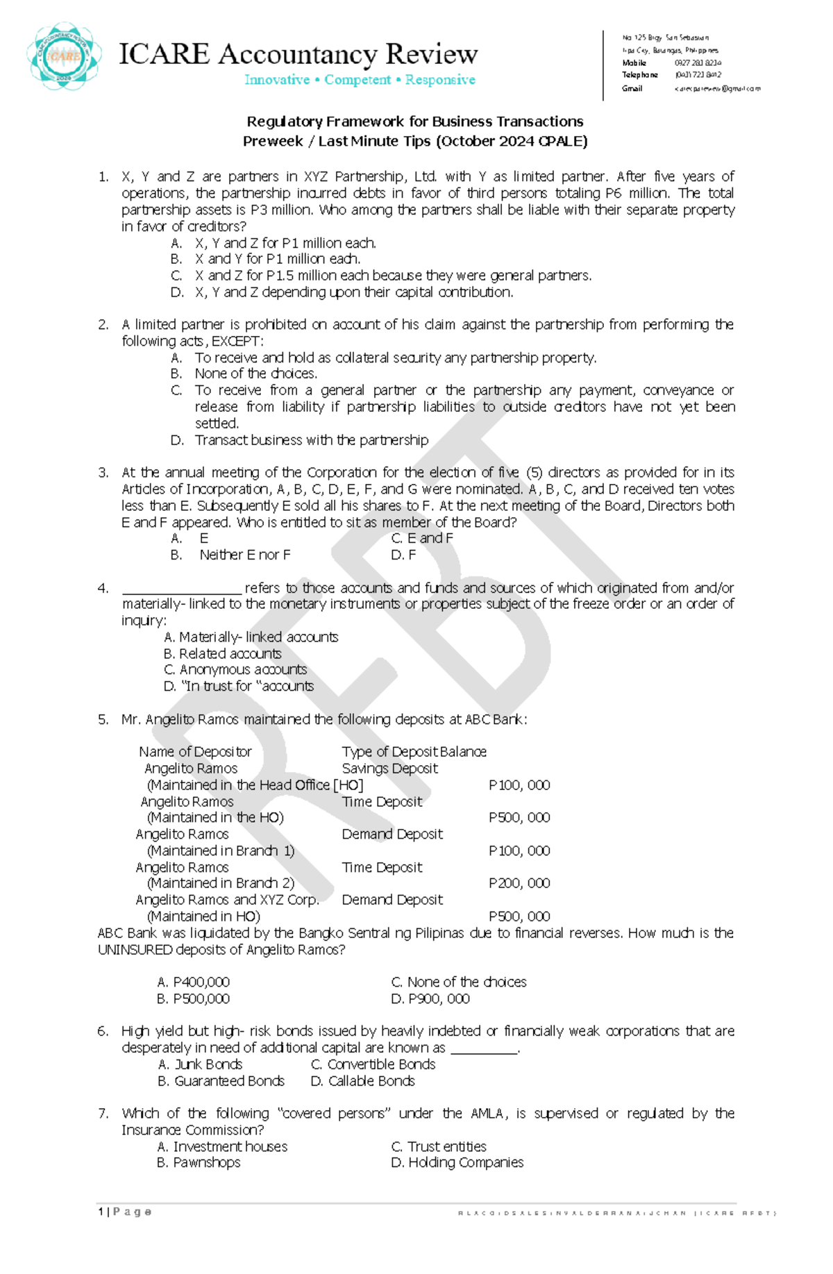 Preweek Study Notes for October 2024 CPALE - Regulatory Framework for ...
