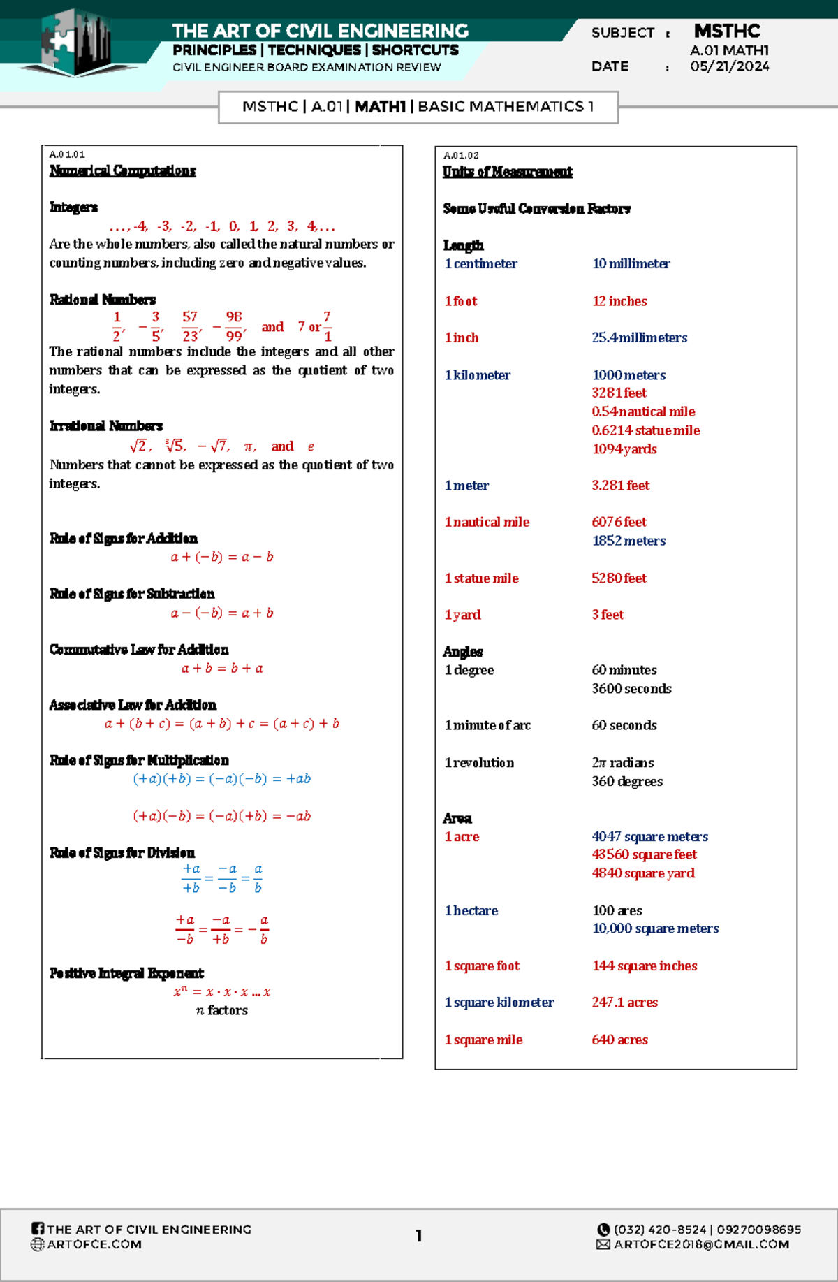 Principles and Techniques for Civil Eng. Exam Review A.01 MATH 1 - Studocu