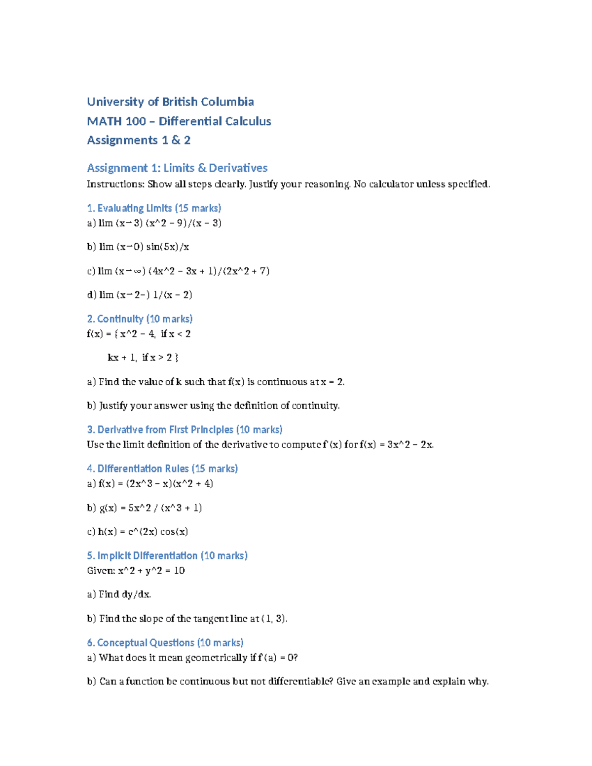 MATH 100 Differential Calculus Assignments 1 & 2: Limits & Derivatives ...