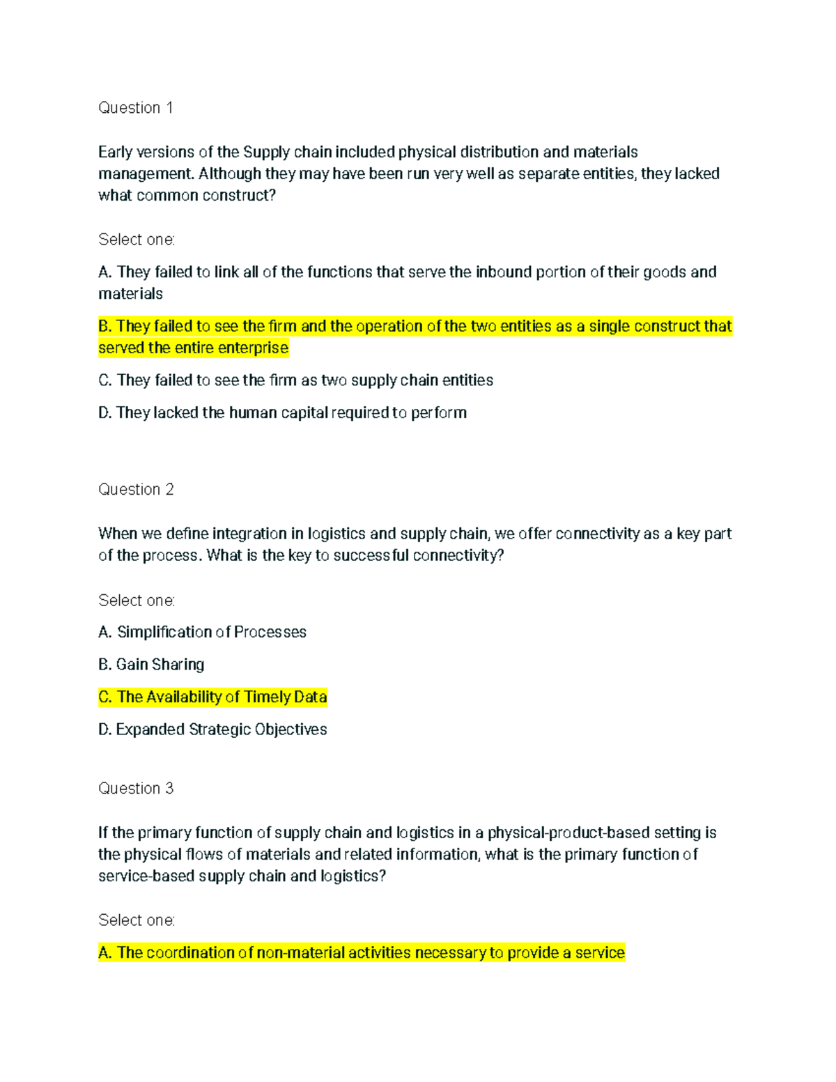 Quiz 10 - Supply Chain Integration & Logistics Concepts - Studocu