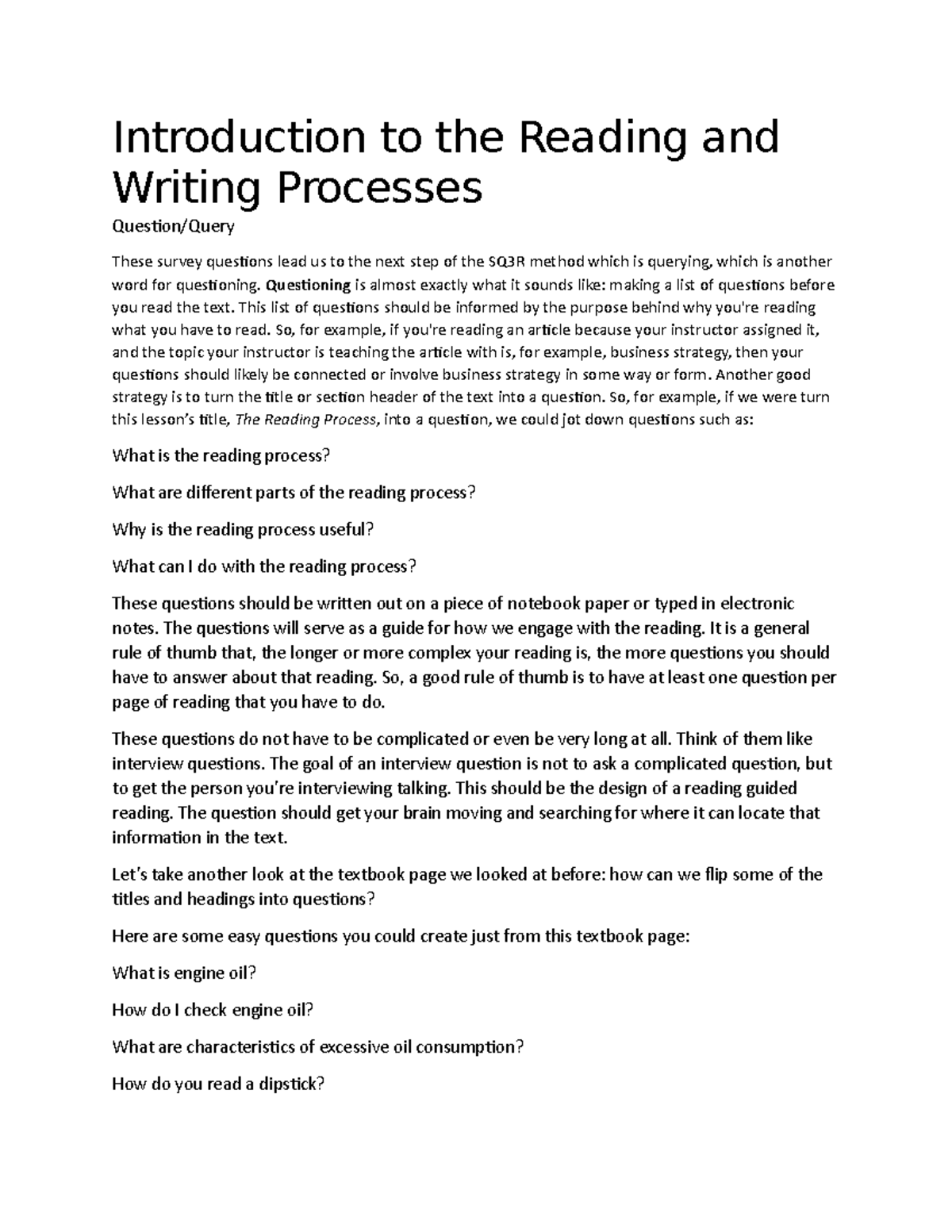 Introduction to the Reading and Writing Processes - Introduction to the ...