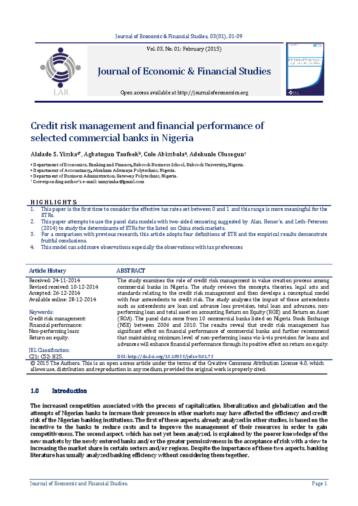 Credit Risk Management and Financial Performance in Nigerian Banks ...