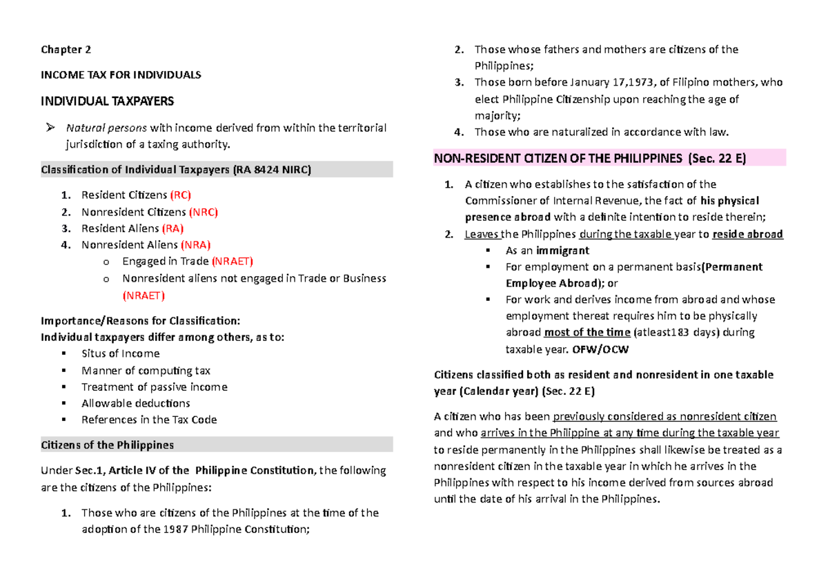 Chapter 2 - Income Tax Classification for Individuals - Studocu