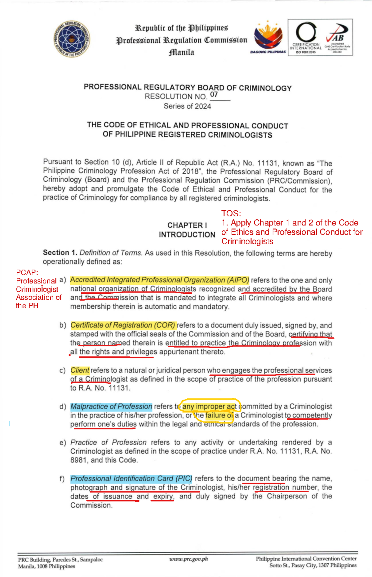 PRC Resolution No. 2024: Code of Ethical Conduct for Criminologists ...
