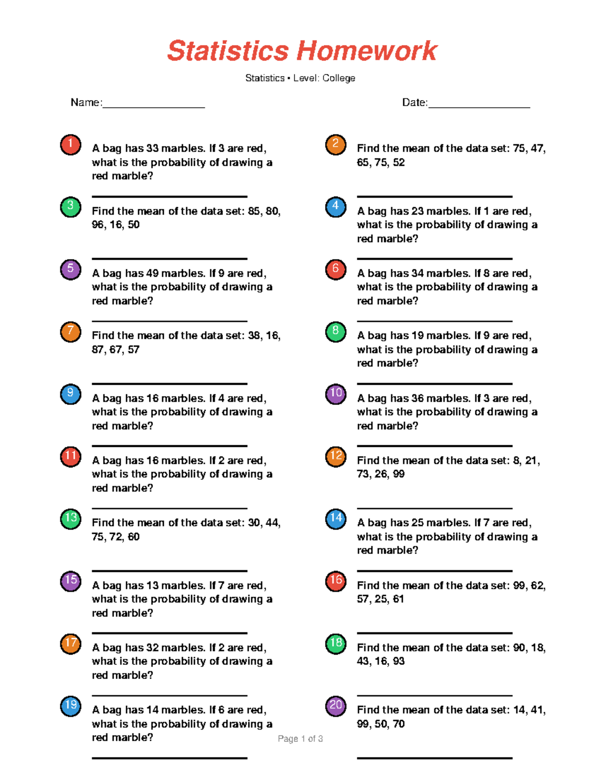 Statistics Homework - College Level 1: Probability & Mean Calculations ...