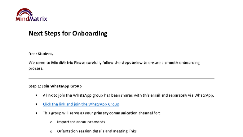 Onboarding Steps for MindMatrix Internship Program - Studocu