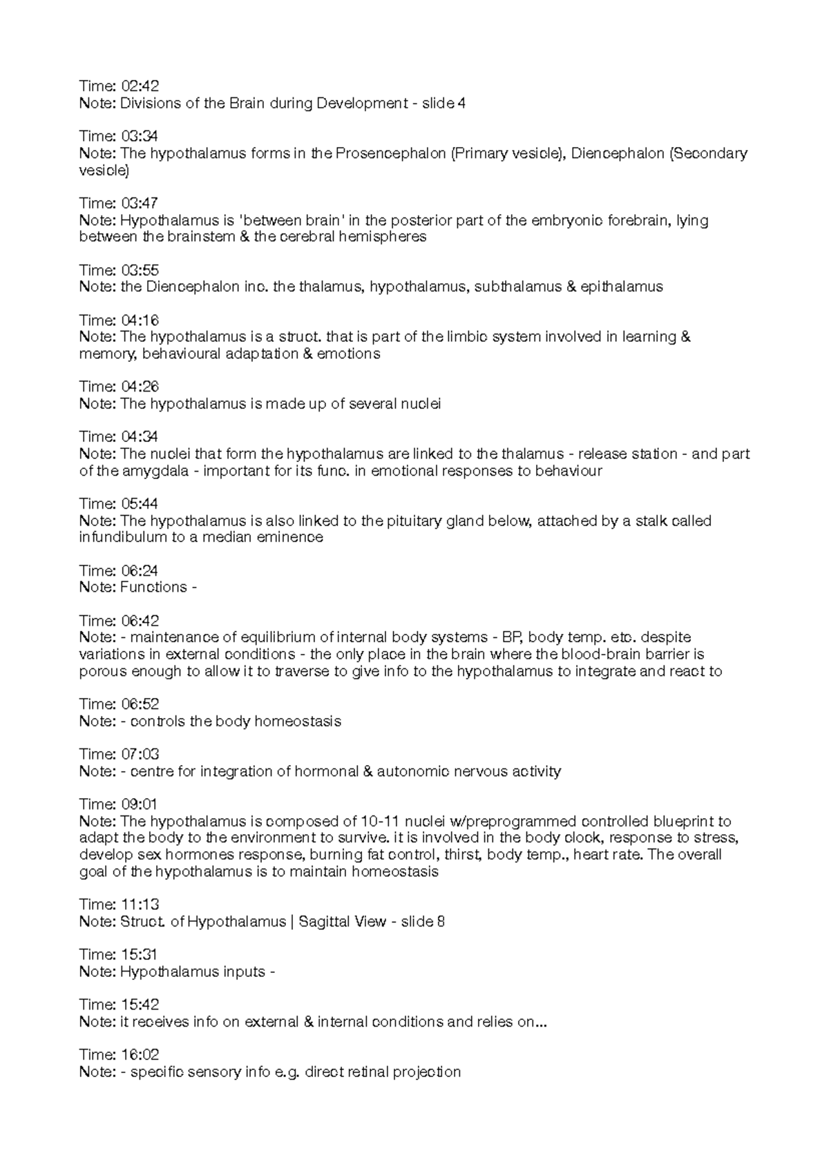 Hypothalamus - Notes - Note: Divisions of the Brain during Development ...