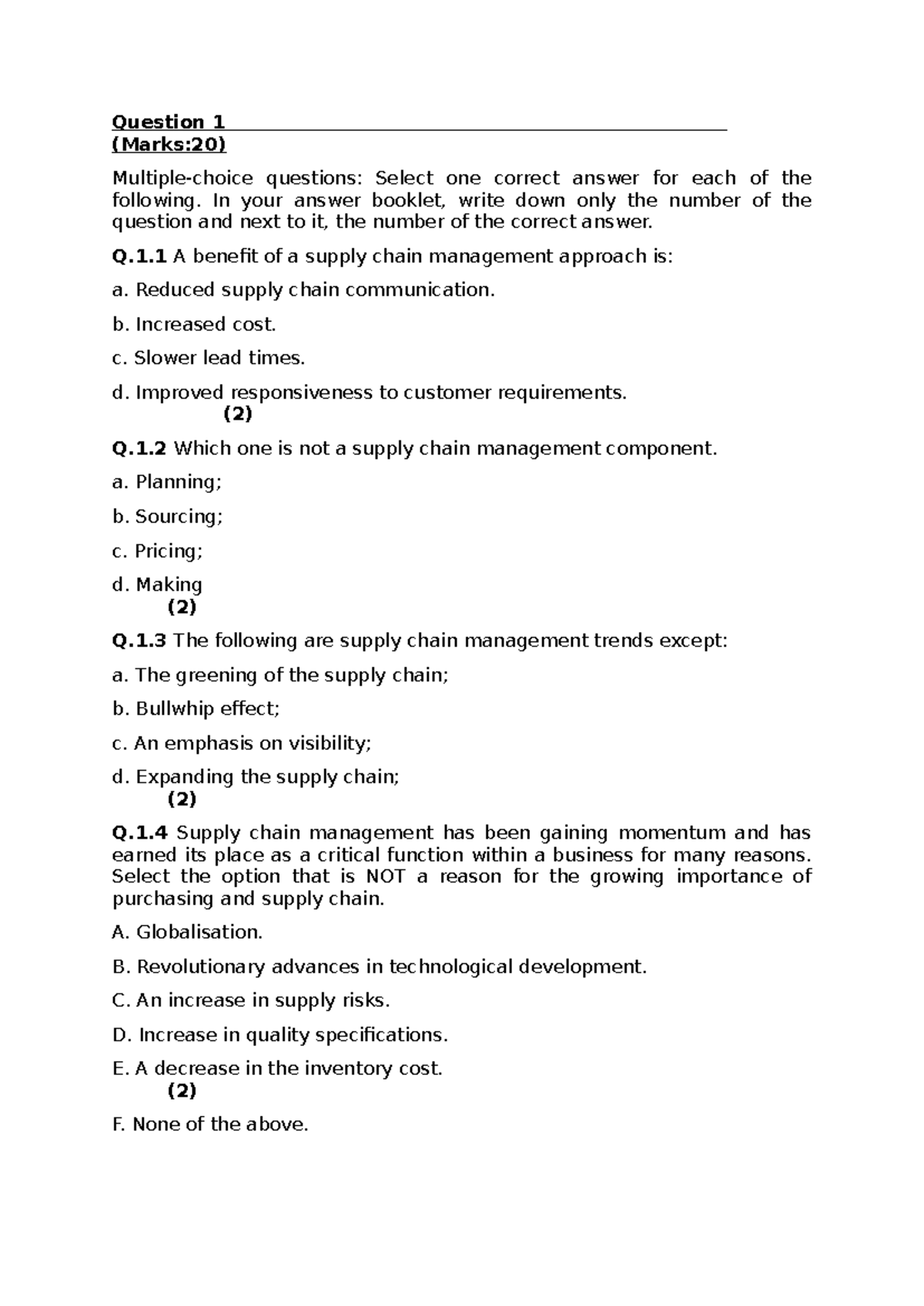 Class Test 1: Supply Chain Management Fundamentals and Analysis - Studocu