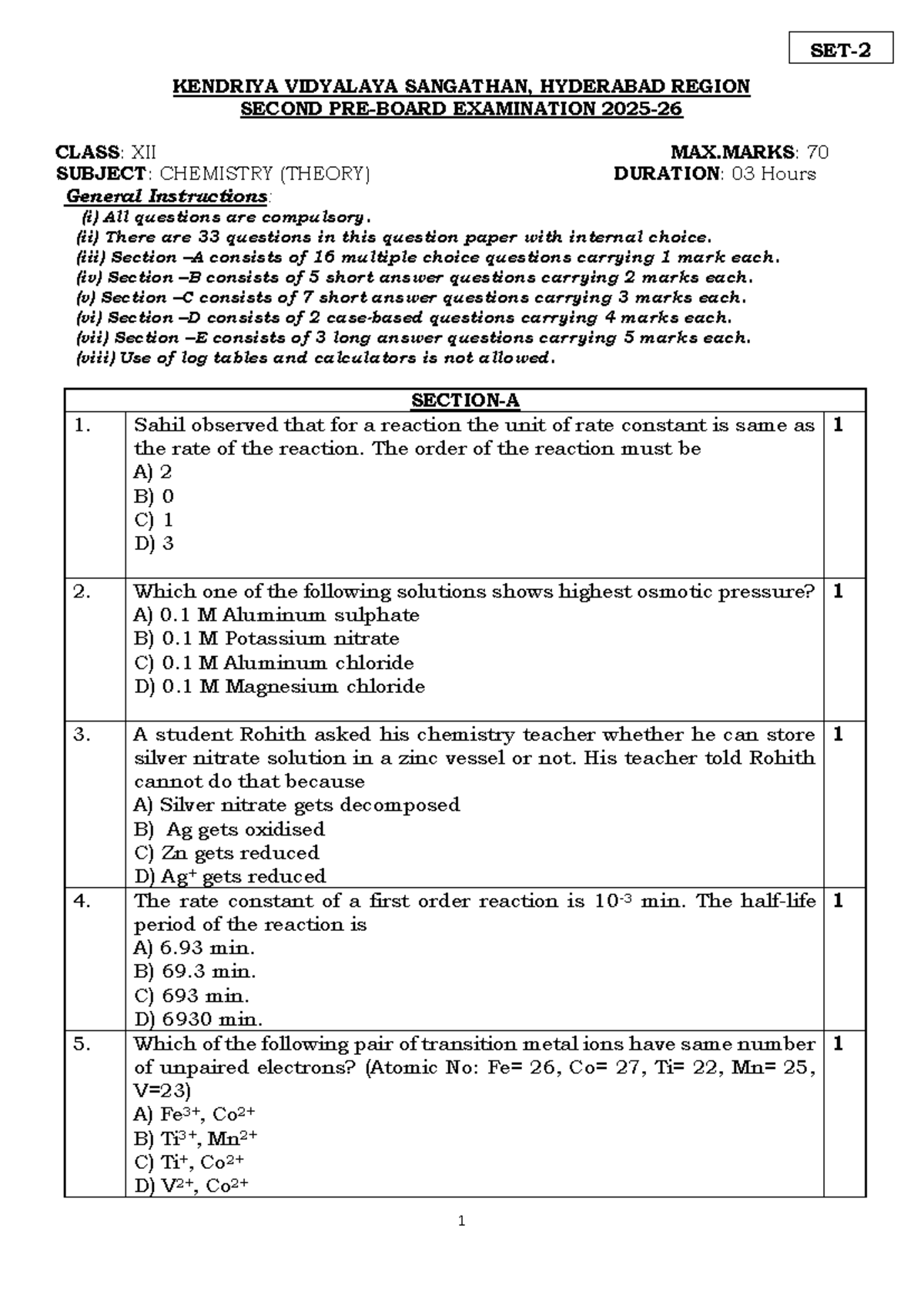 Chemistry Class XII Second Exam QP (HR) 2025-26 SET 2 - Studocu