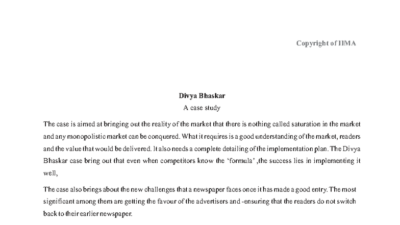 IIMA Case Study: Copyright and Market Strategy of Divya Bhaskar - Studocu