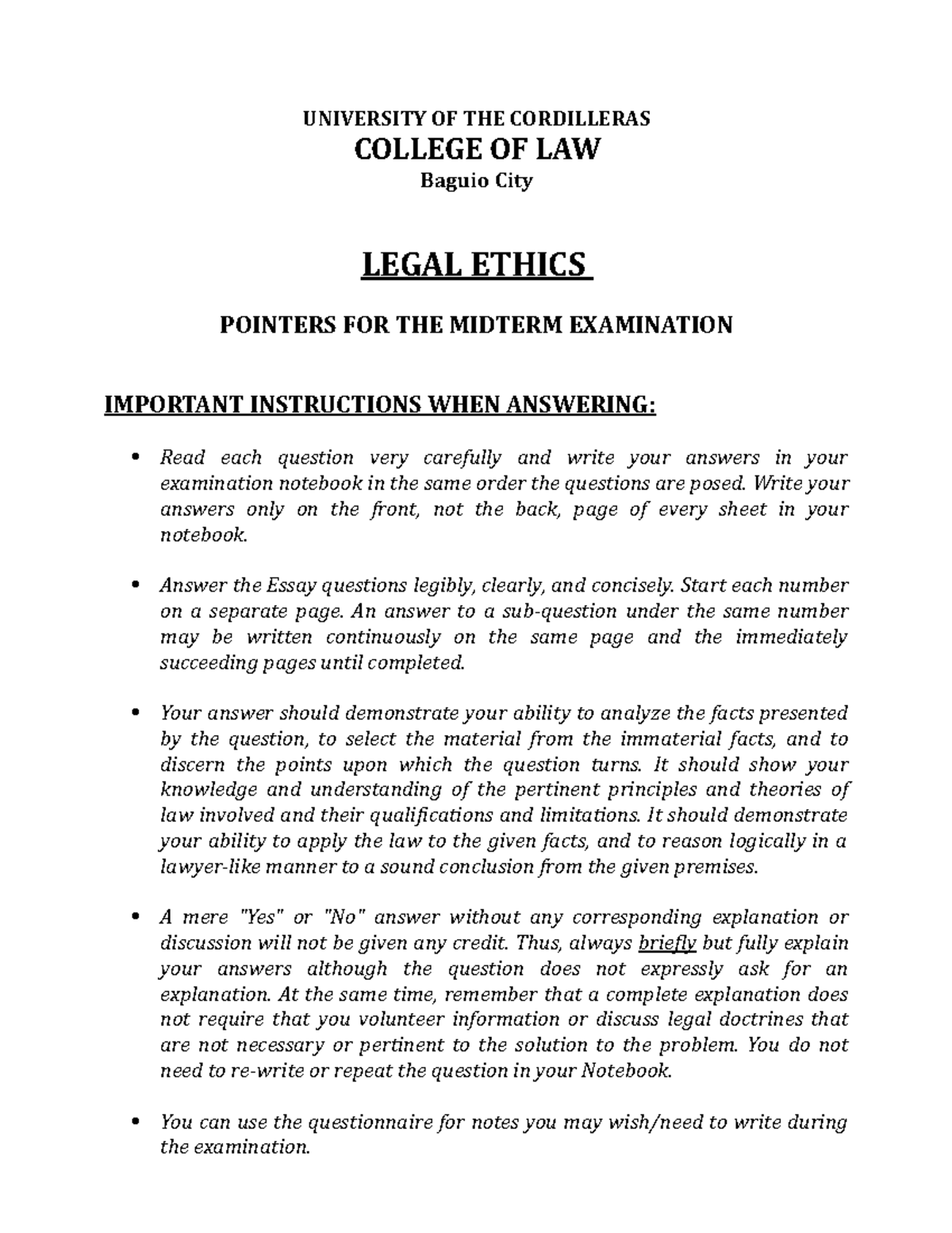Midterm Exam Pointers for Legal Ethics (LAW 101) - Studocu