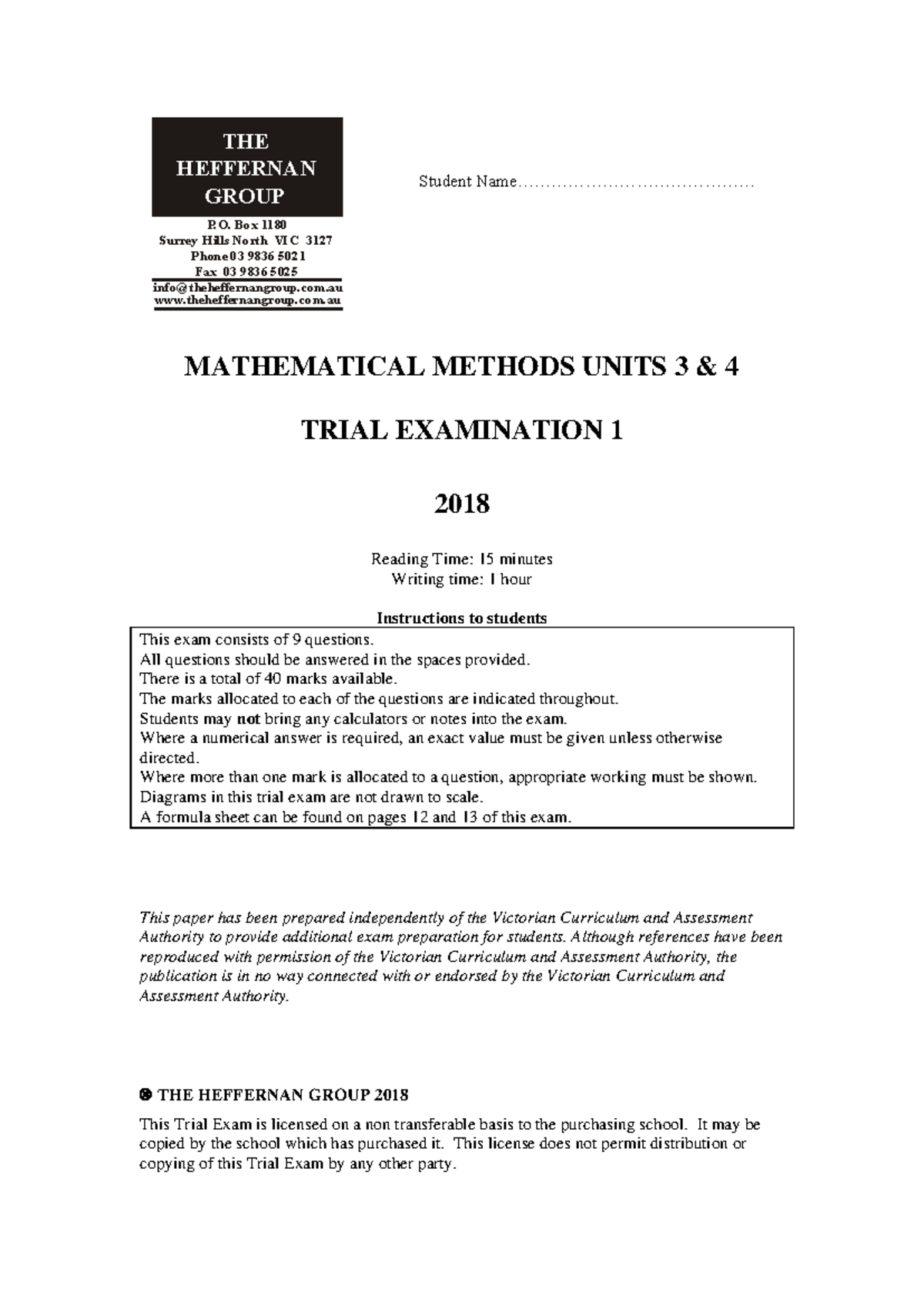 Math Methods Trial Exam 1 - 2018 (Units 3 & 4) - Studocu