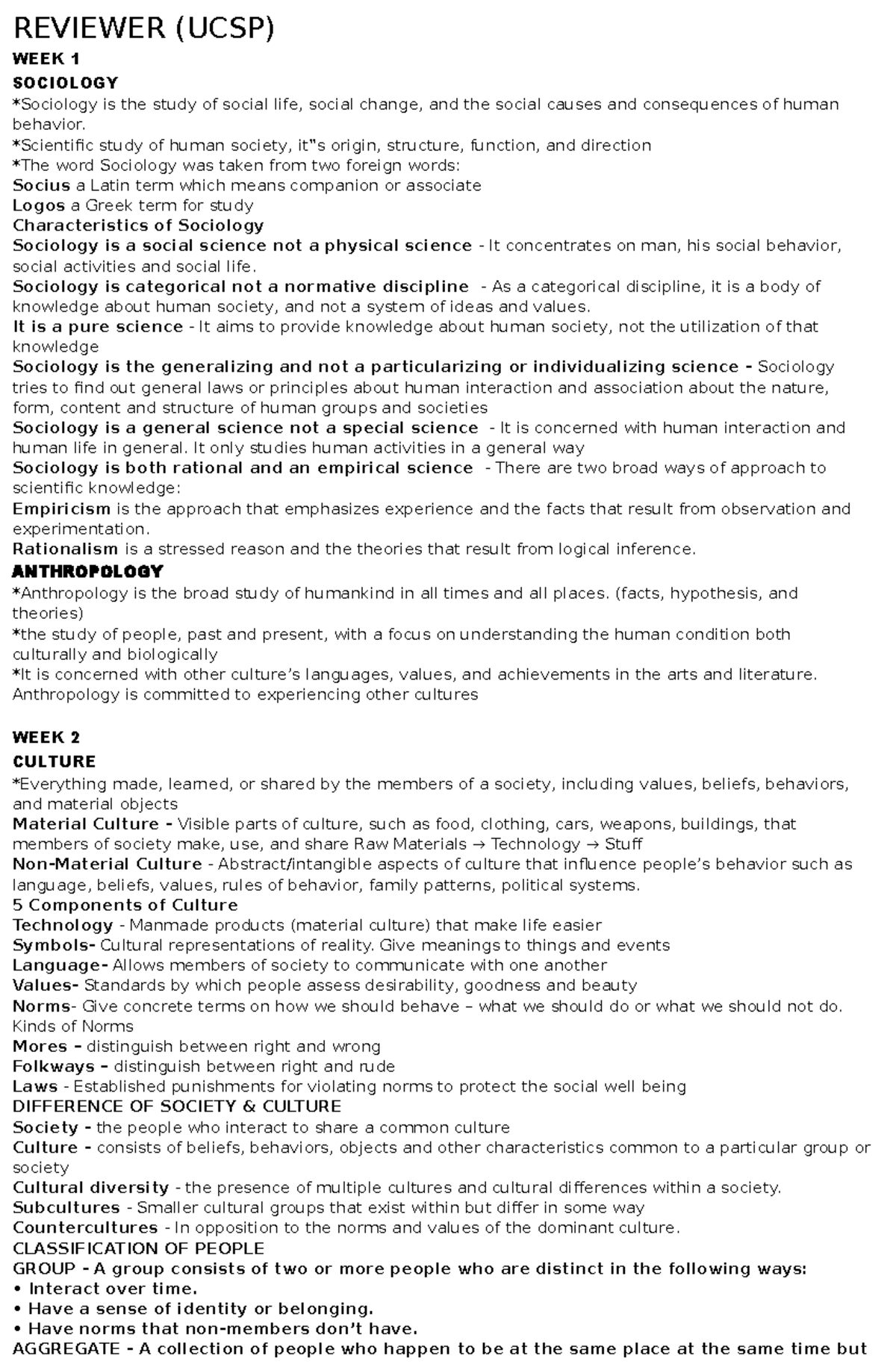 UCSP - ASASD - REVIEWER (UCSP) WEEK 1 SOCIOLOGY *Sociology is the study ...