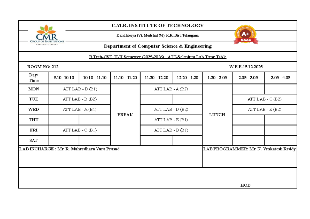C.M.R. INSTITUTE OF TECHNOLOGY 2nd Sem Lab Time Table - Studocu