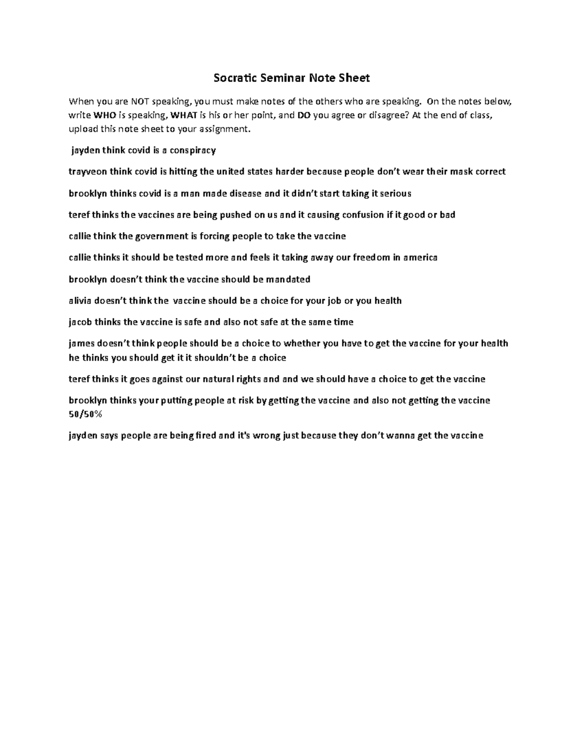 Copy of Socratic Seminar Notes Sheet - Studocu
