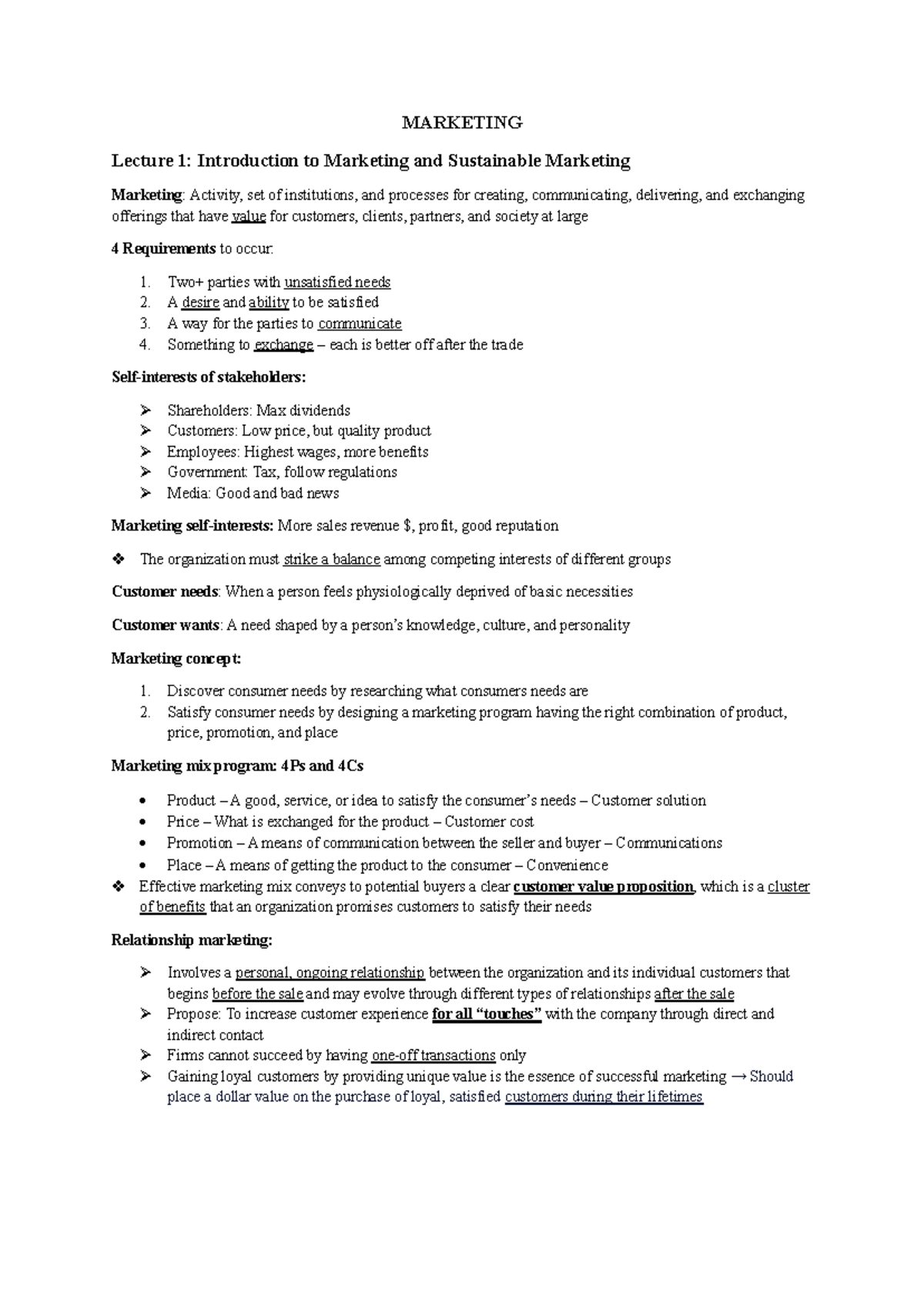 MKT 101 - Lecture Notes on Marketing Concepts (Lectures 1 & 2) - Studocu