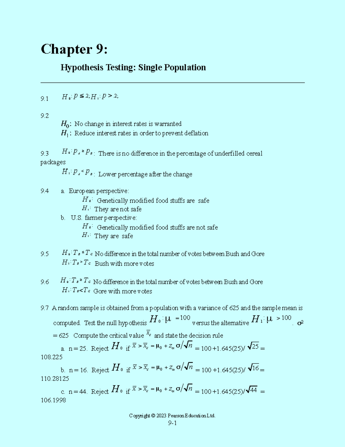 CH09 - note - Chapter 9: Hypothesis Testing: Single Population 9. 9. No ...