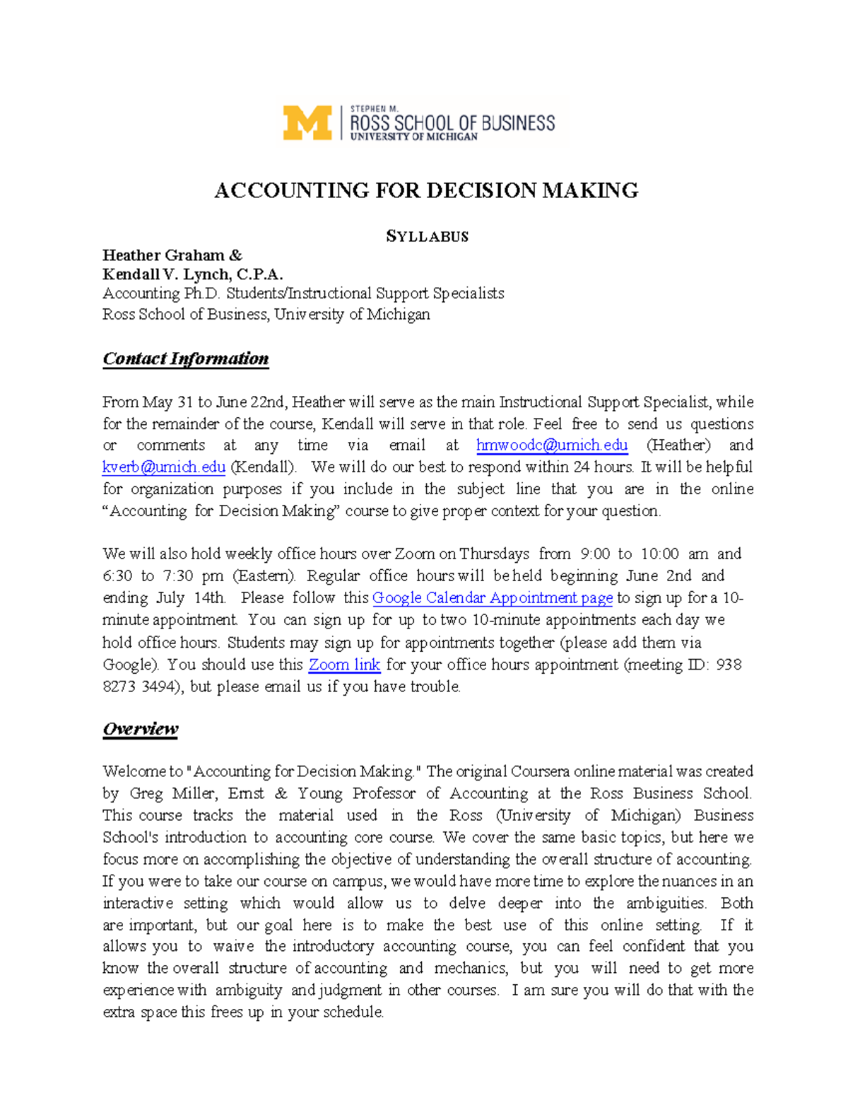 Accounting for Decision Making 2022 - Detailed Course Syllabus - Studocu