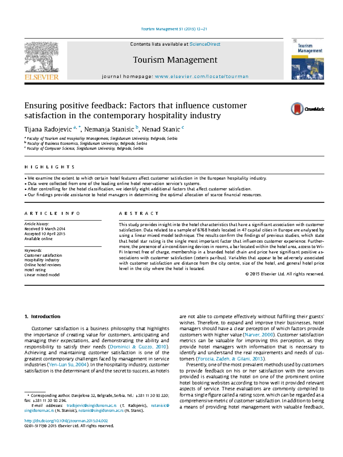 Influencing Factors on Customer Satisfaction in Hospitality (TM 51 ...