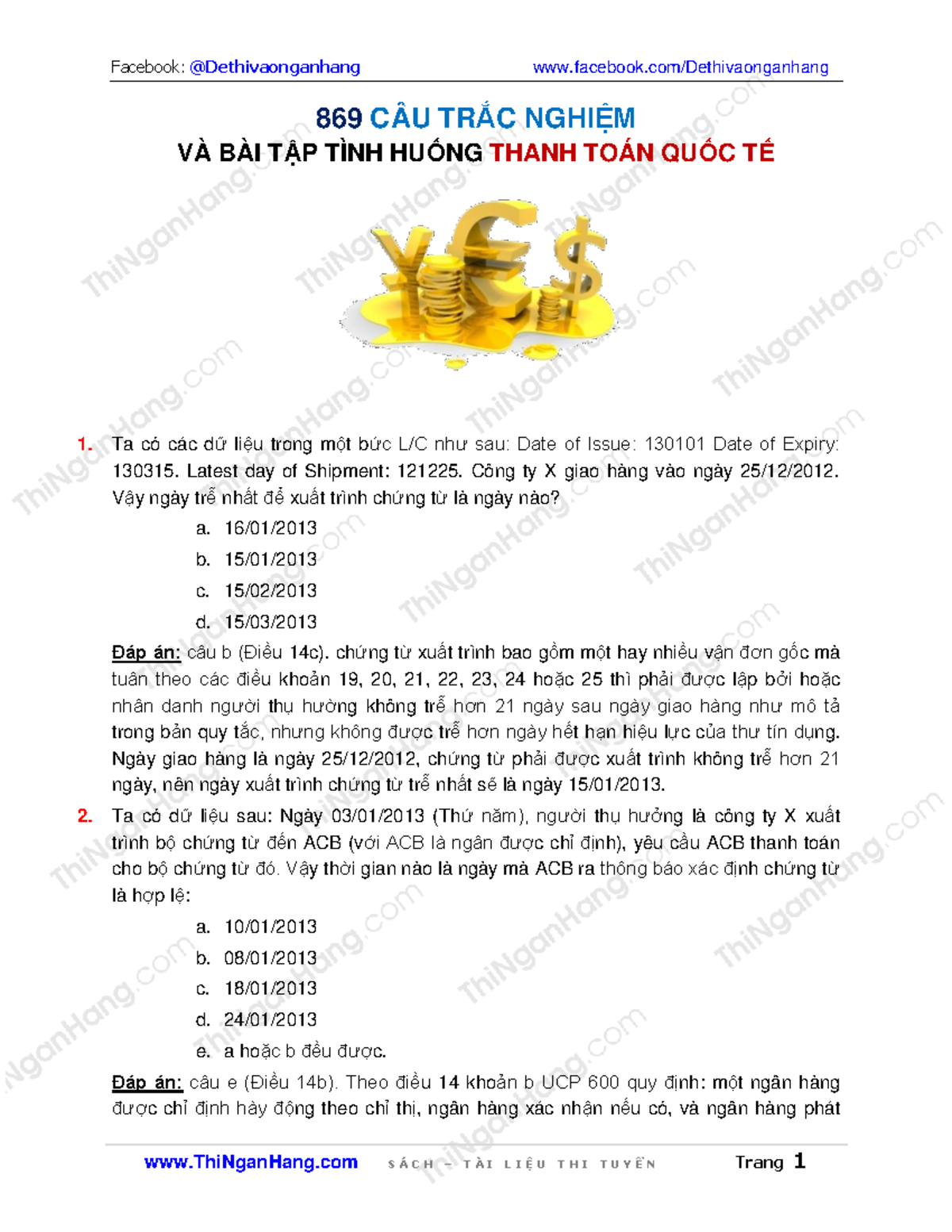 869 Câu Trắc Nghiệm và Bài Tập Thanh Toán Quốc Tế - Đáp Án Chi Tiết - Document Preview