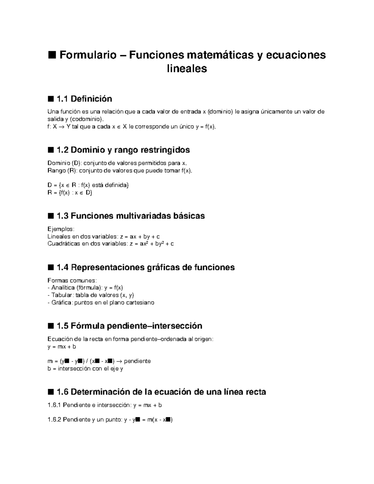 Formulario de Funciones y Ecuaciones Lineales 1.1 - Studocu