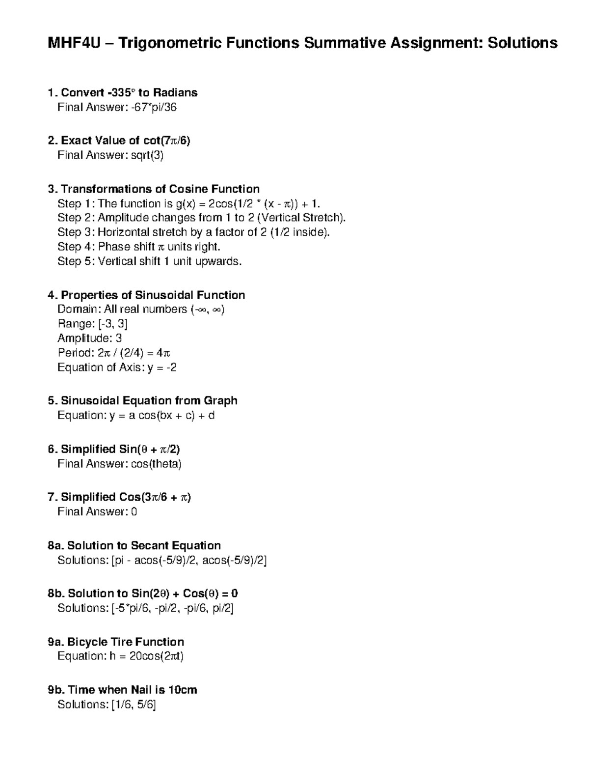 MHF4U Summative Assignment Solutions - MHF4U – Trigonometric Functions ...