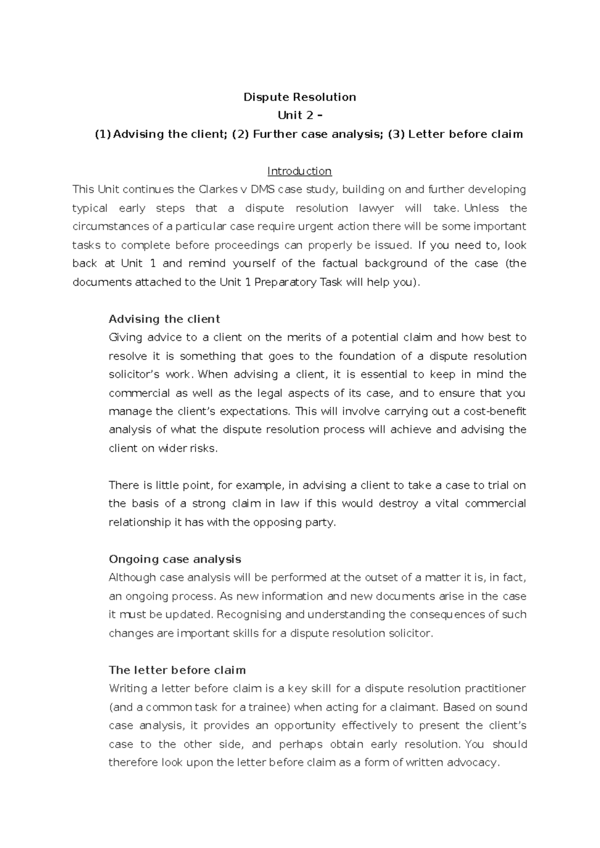 DR Unit 2 INTRO & OUTCOMES - Dispute Resolution Unit 2 – (1) Advising ...