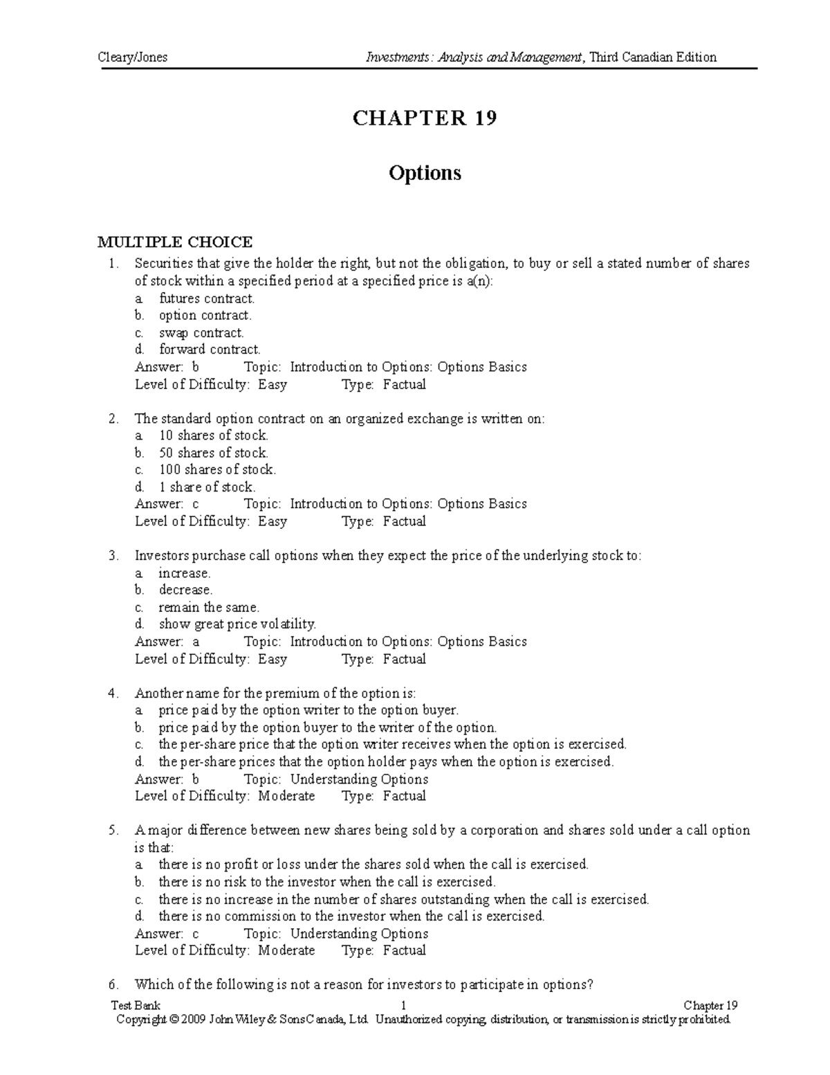 Test Bank with Answers for Chapter 19 - Options (FIN 301) - Studocu