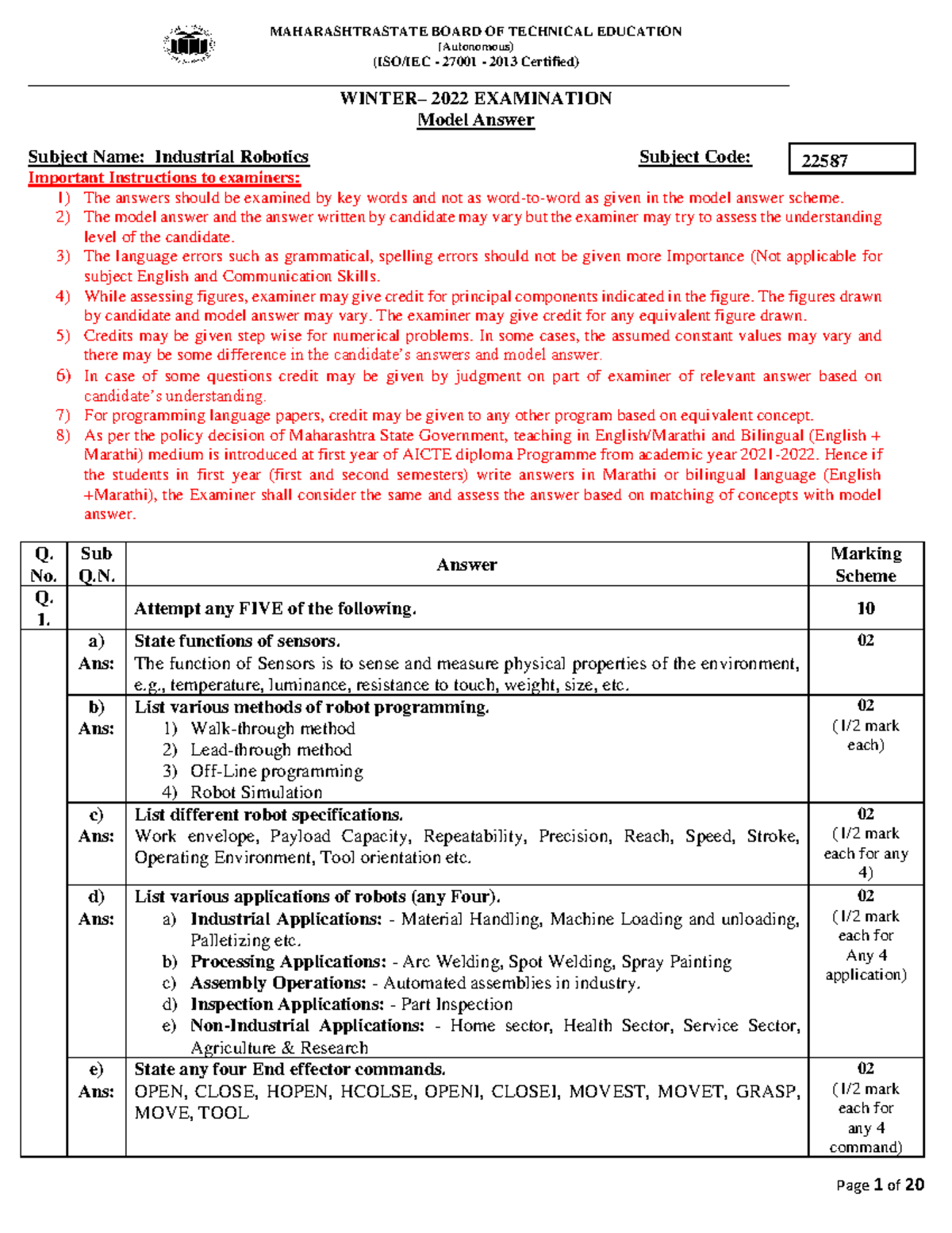 Industrial Robotics Model Answer Paper - 22587 Winter 2022 - Studocu