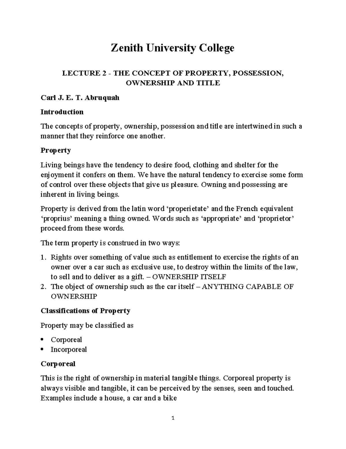 Lecture 2: The Concept of Property, Ownership, Possession & Title - Studocu