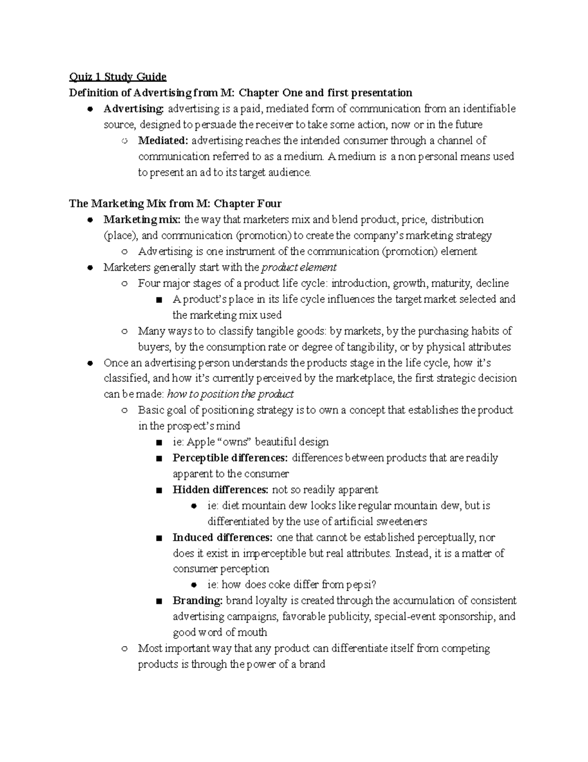 Quiz 1 Study Guide: Key Concepts in Advertising & Marketing Mix - Studocu