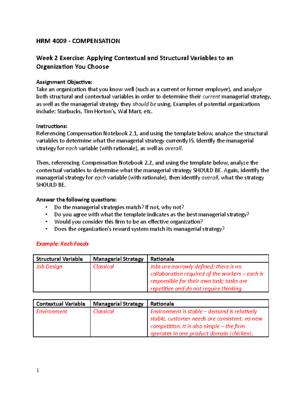 HRM 4009 - Compensation Chapter 2 Exercise Analysis and Strategy ...