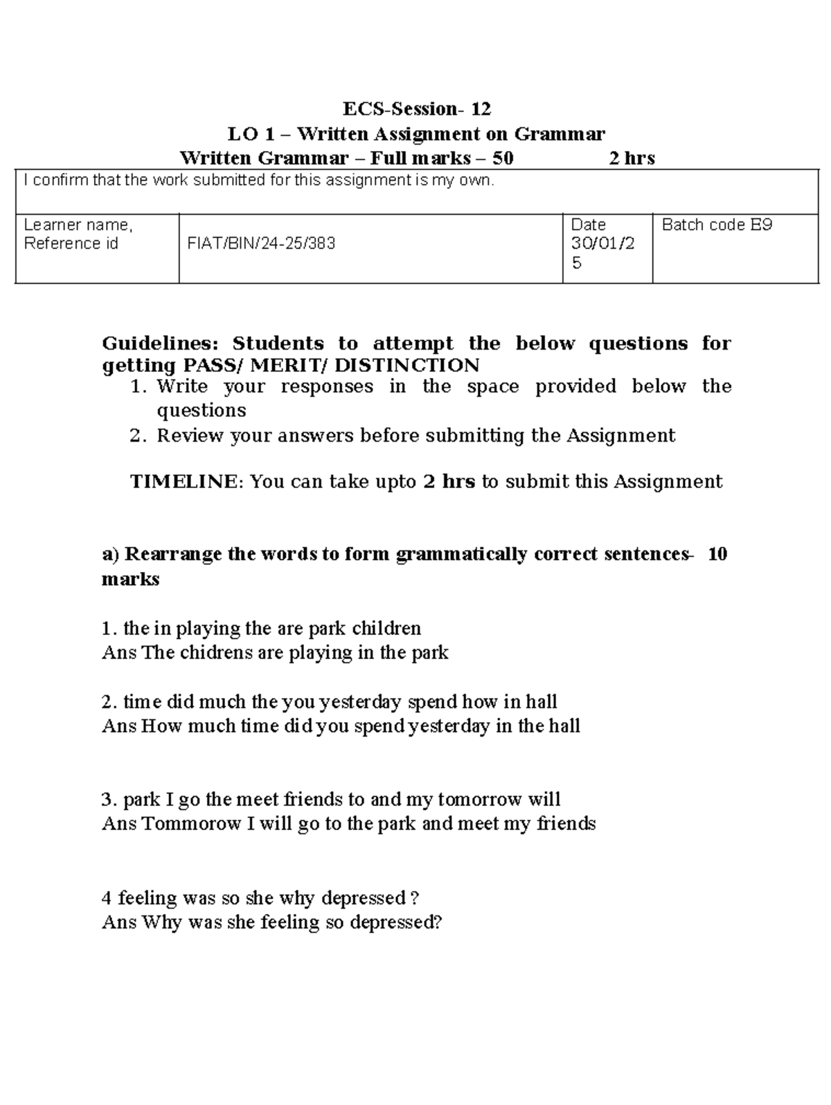 ECS-LO-1 Written Assignment: Grammar Exercises for Full Marks - Studocu