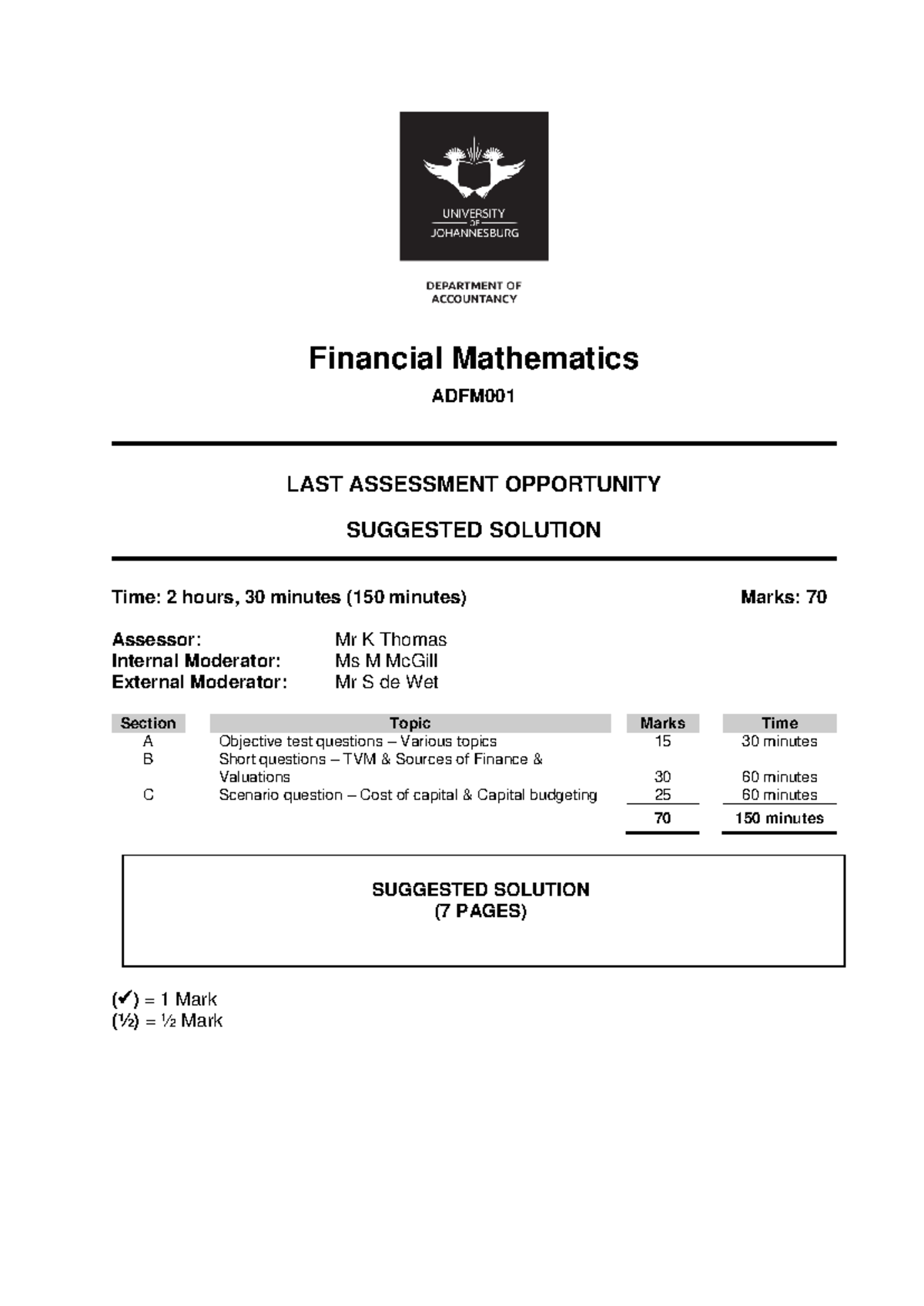 Financial Mathematics June Exam Memo Scenario Questions 2022 ...