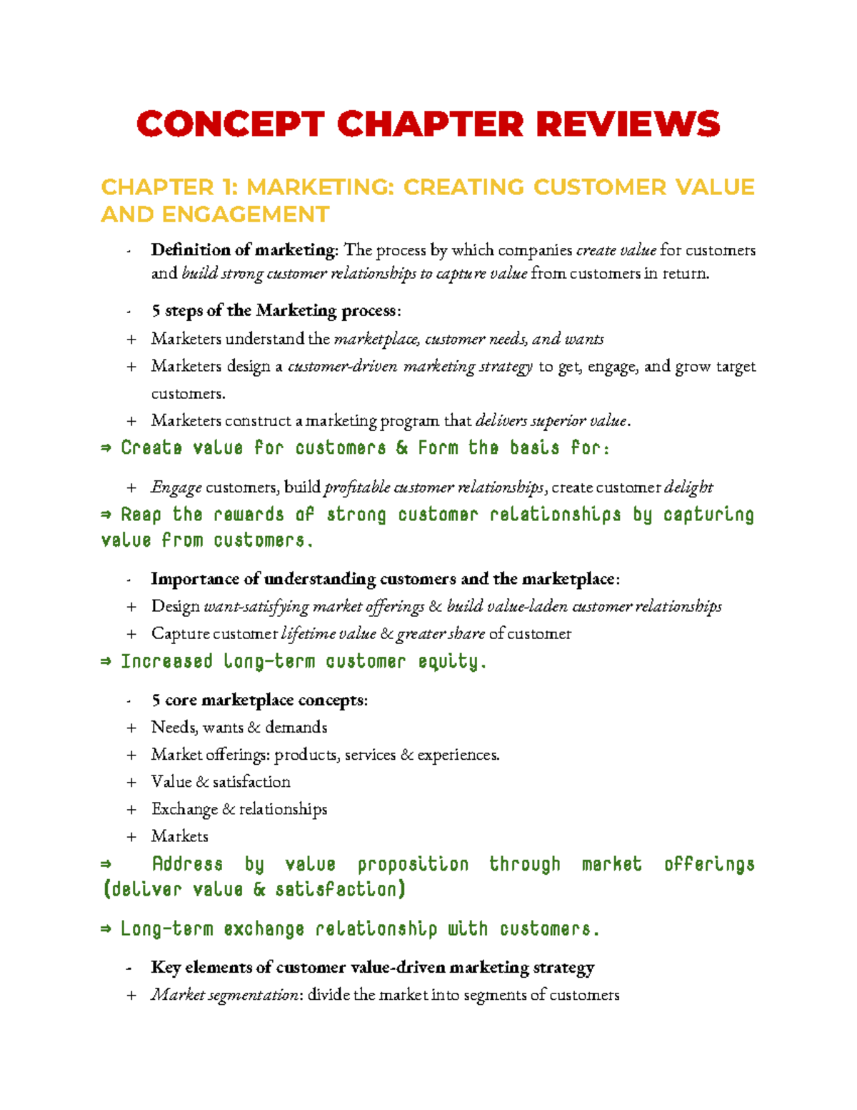 Chapter Review - CONCEPT CHAPTER REVIEWS CHAPTER 1: MARKETING: CREATING ...