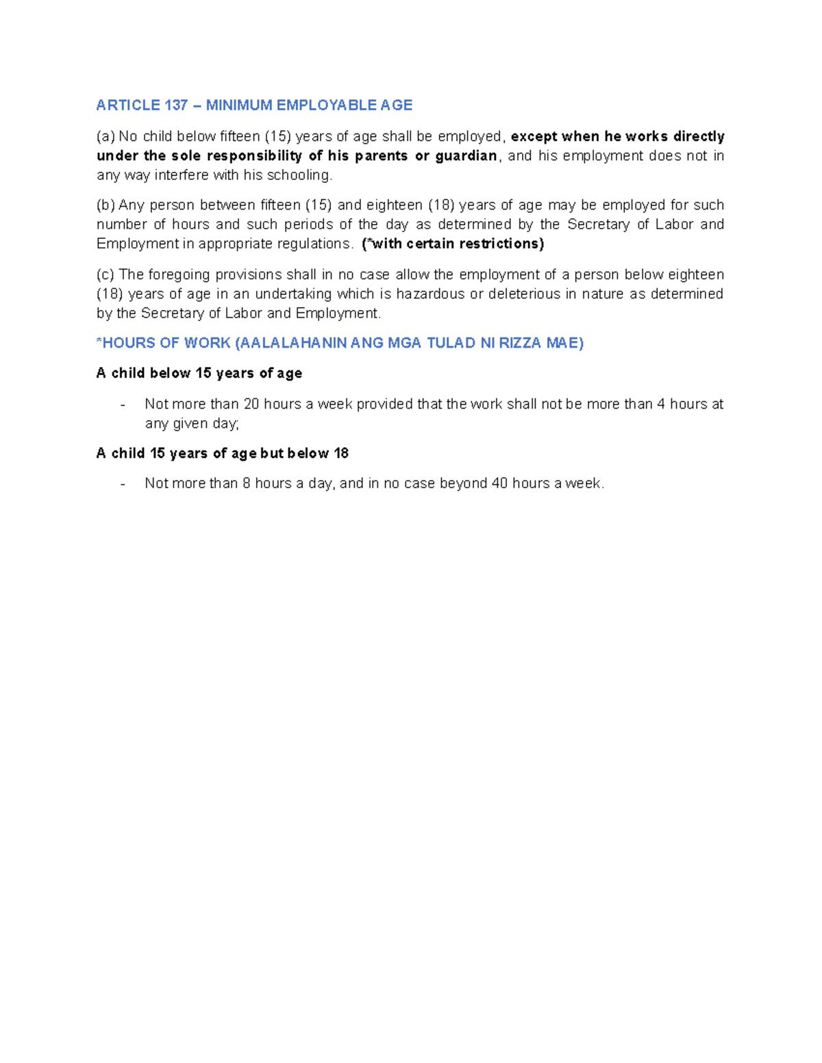 Labor Law 9: Minimum Employable Age Regulations and Guidelines - Studocu