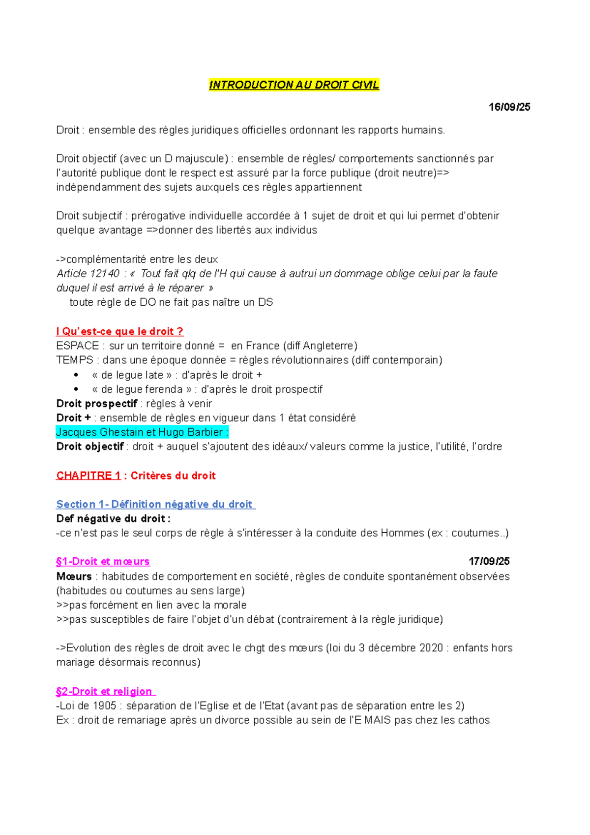 Introduction au Droit Civil - Cours de Droit 101 - Studocu