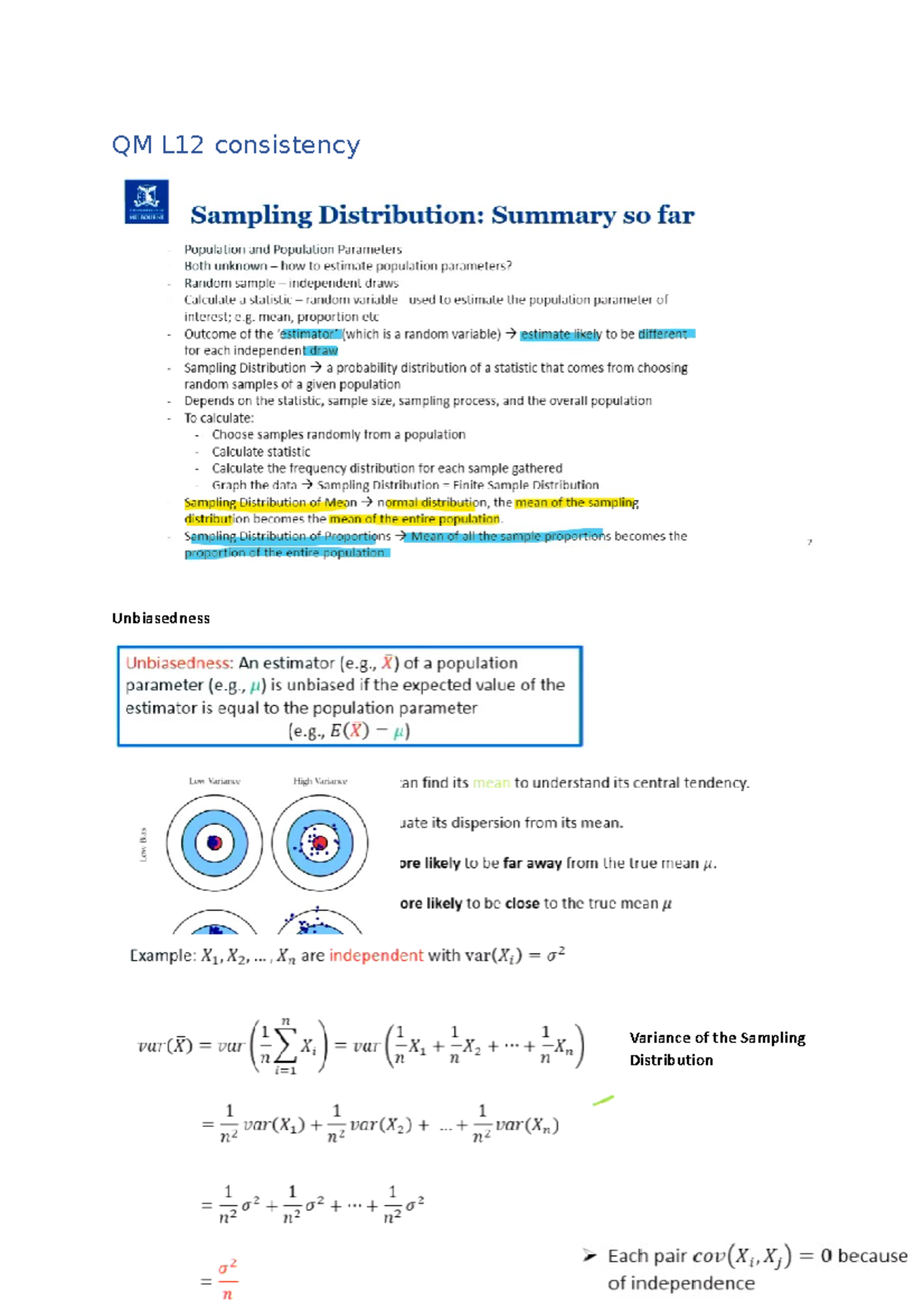 12 - consistency - ECON10005 - QM L12 consistency Unbiasedness Variance ...