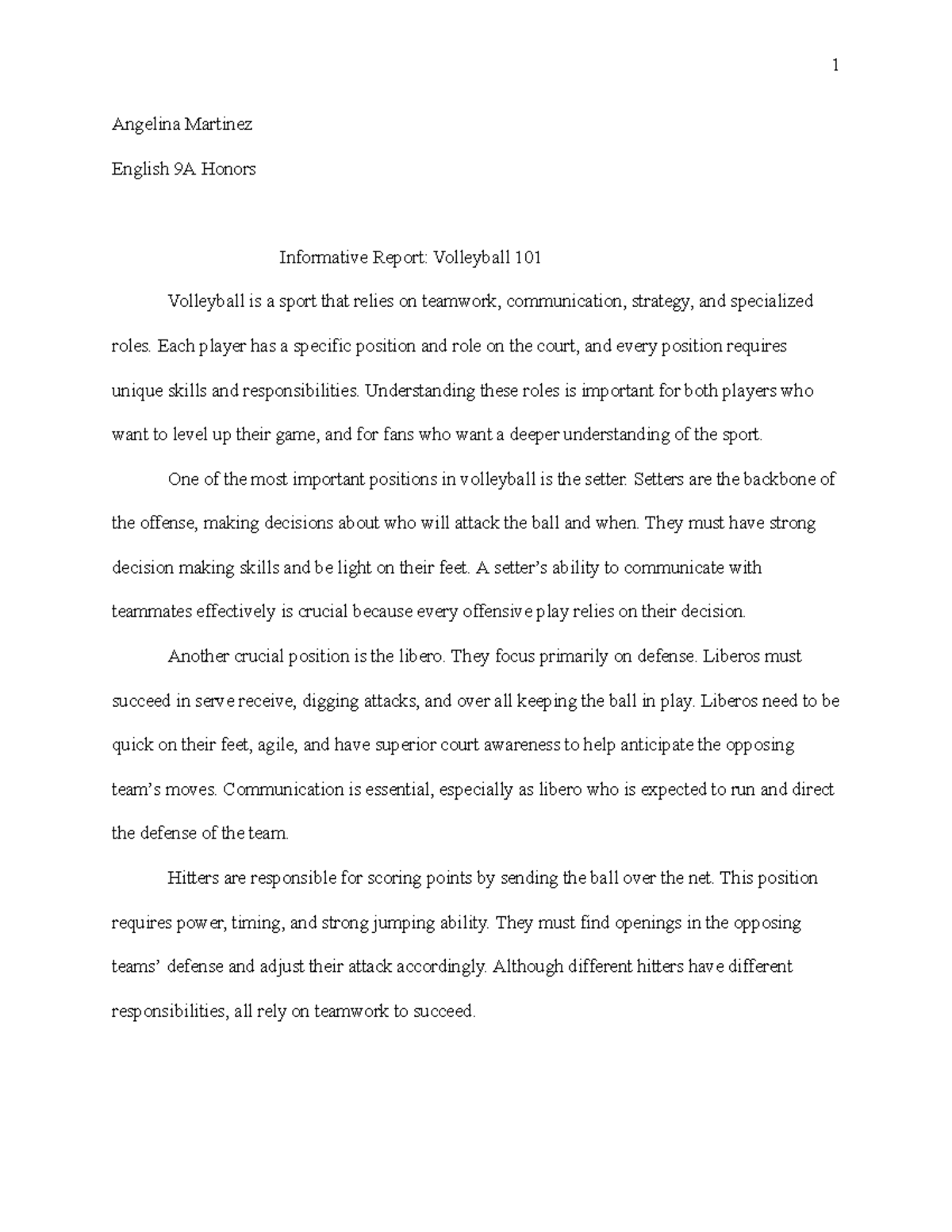 English 9A Honors Informative Report: Volleyball Roles & Skills - Studocu