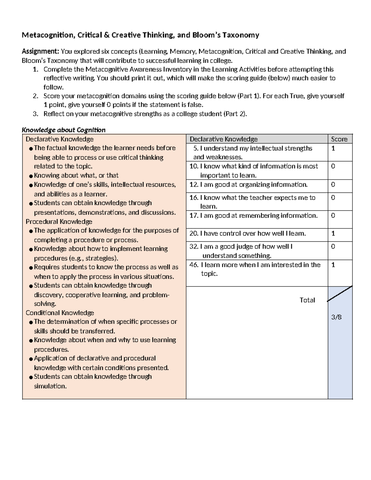 Metacognition and Critical Thinking Skills Assignment (Module 3) - Studocu
