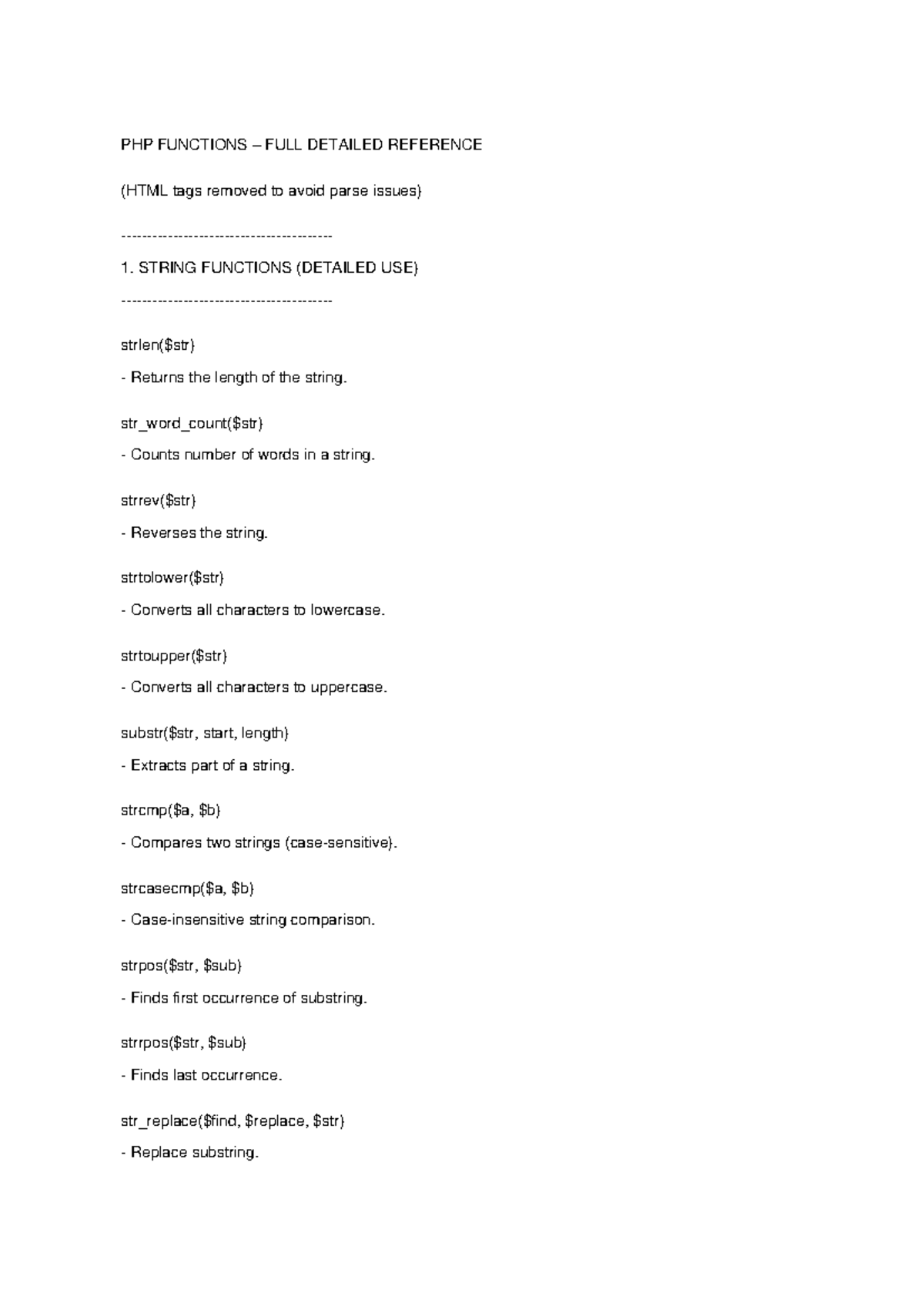 PHP Functions Detailed Reference Guide - Studocu