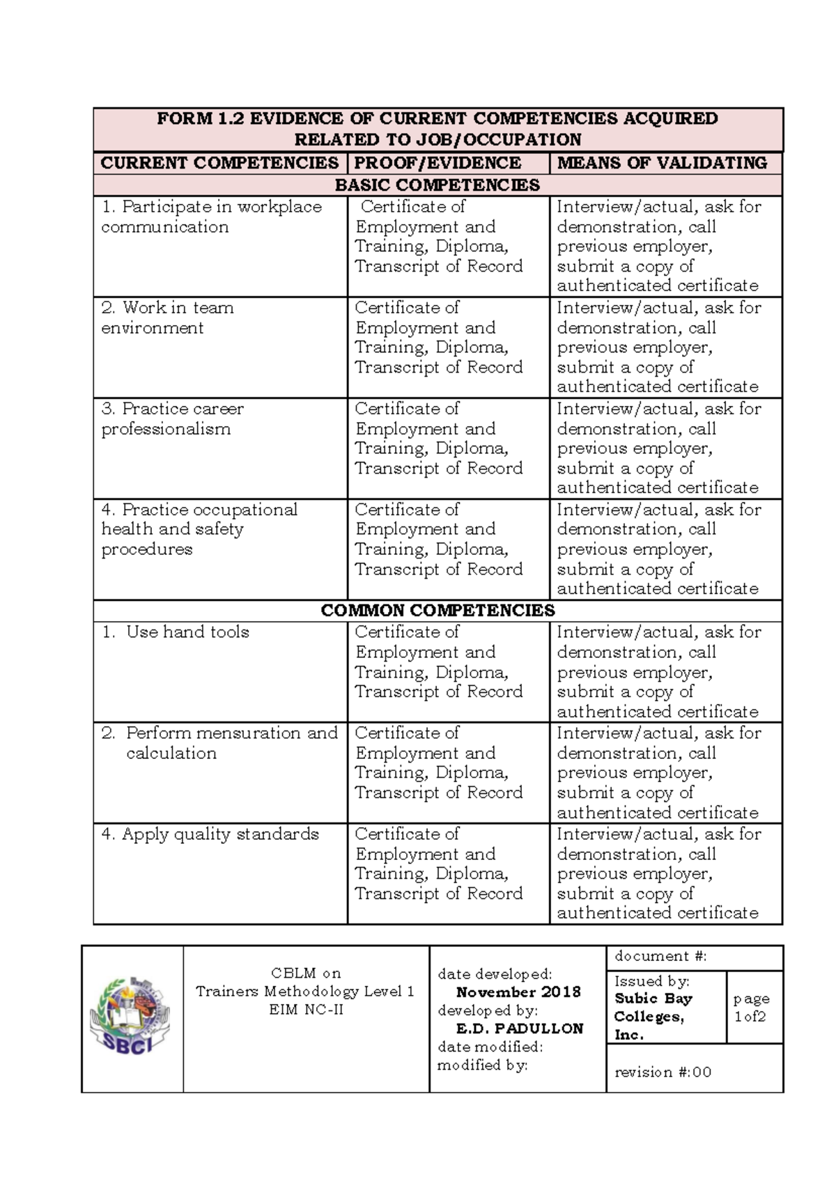 EIM NC II Competency Validation Evidence Form 1.2 - Studocu