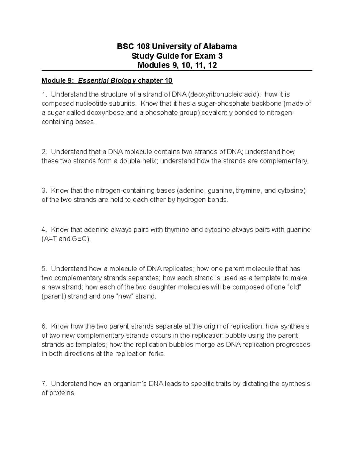 BSC 108 Exam 3 Study Guide: Key Concepts from Modules 9-12 - Studocu
