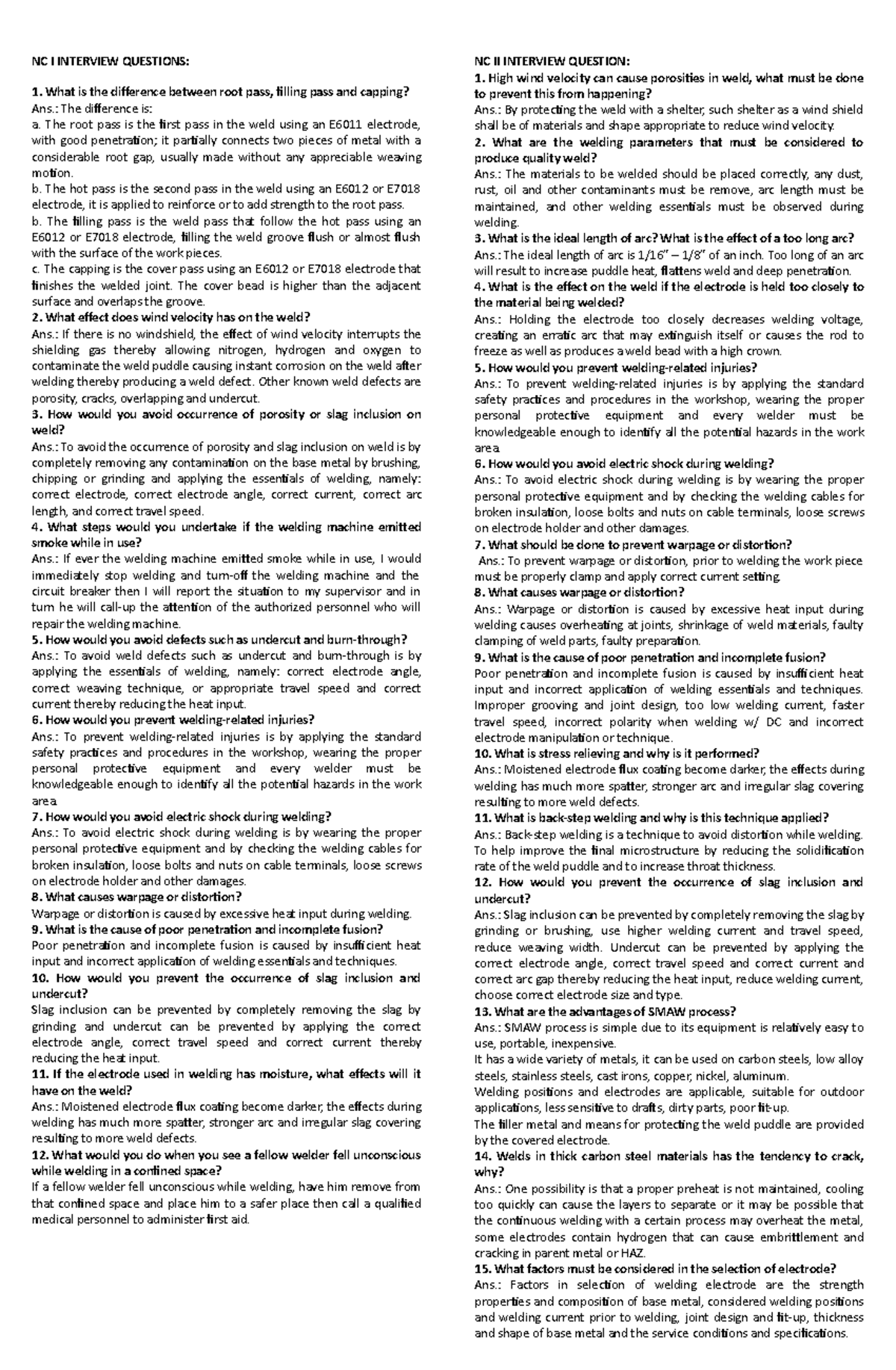SMAW NC I & II Interview Questions and Answers Guide - Document Preview