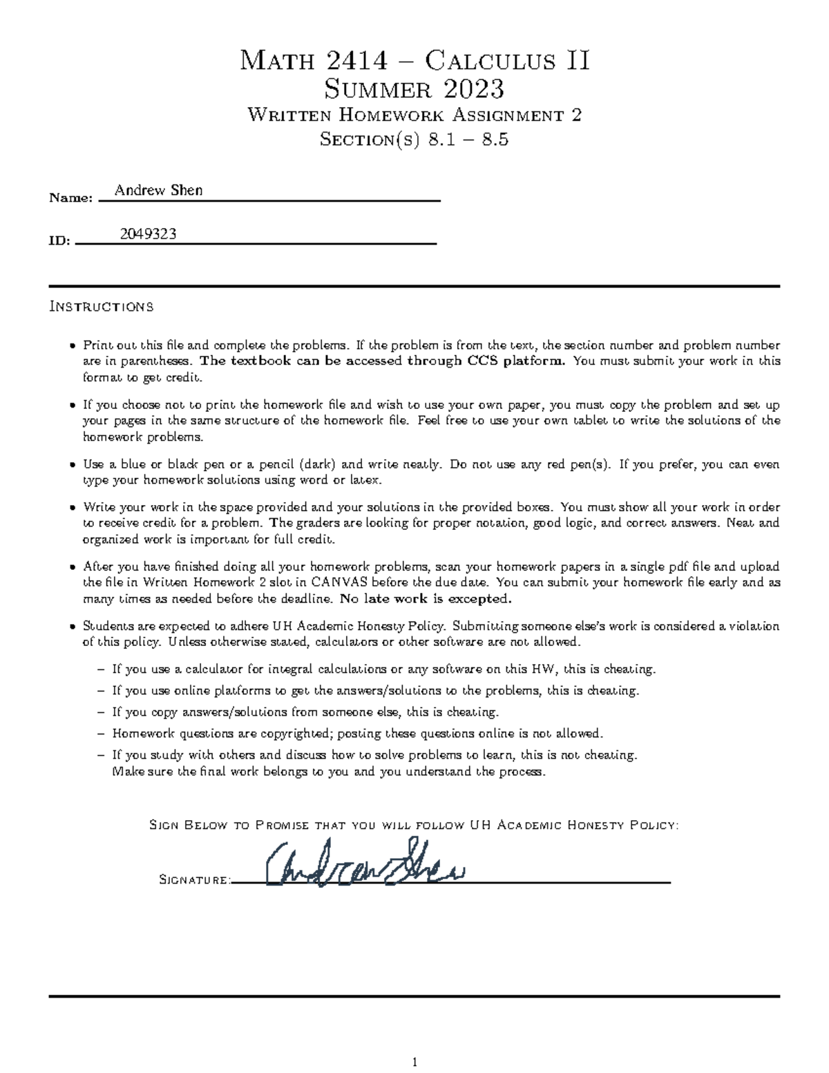 Math 2414 - Calculus II Written Homework Assignment 2 (Summer 2023 ...