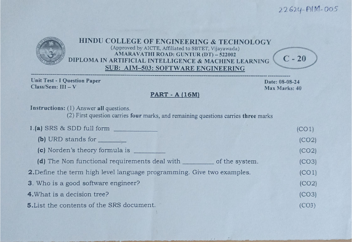 503 SE - Software Engineering Unit Test I Question Paper - Studocu